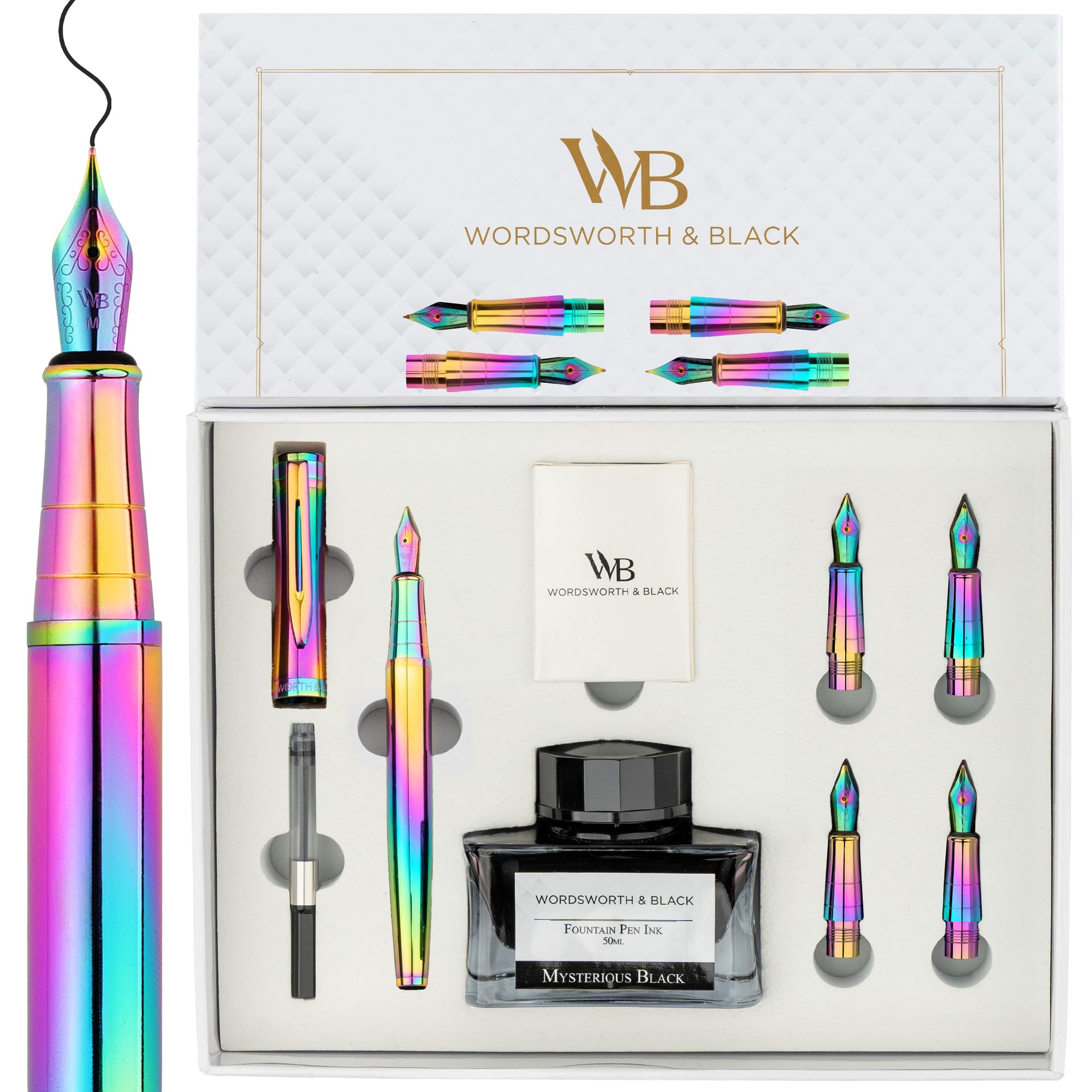 Wordsworth & Black Fountain Pen Gift Set, Includes Ink Bottle, 6 Ink Cartridges, A Refill Converter, 4 Replacement Nibs, Journaling, Calligraphy, Smooth Writing Pens [Rainbow] — image 1