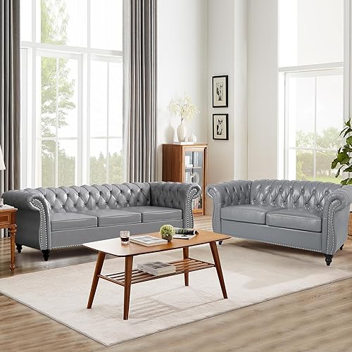 QHITTY 2 Piece Living Room Set, Sectional Chesterfield Sofa Chair Contemporary Upholstered Leather Loveseat Couch Sets for Living Room, Bedroom, Office