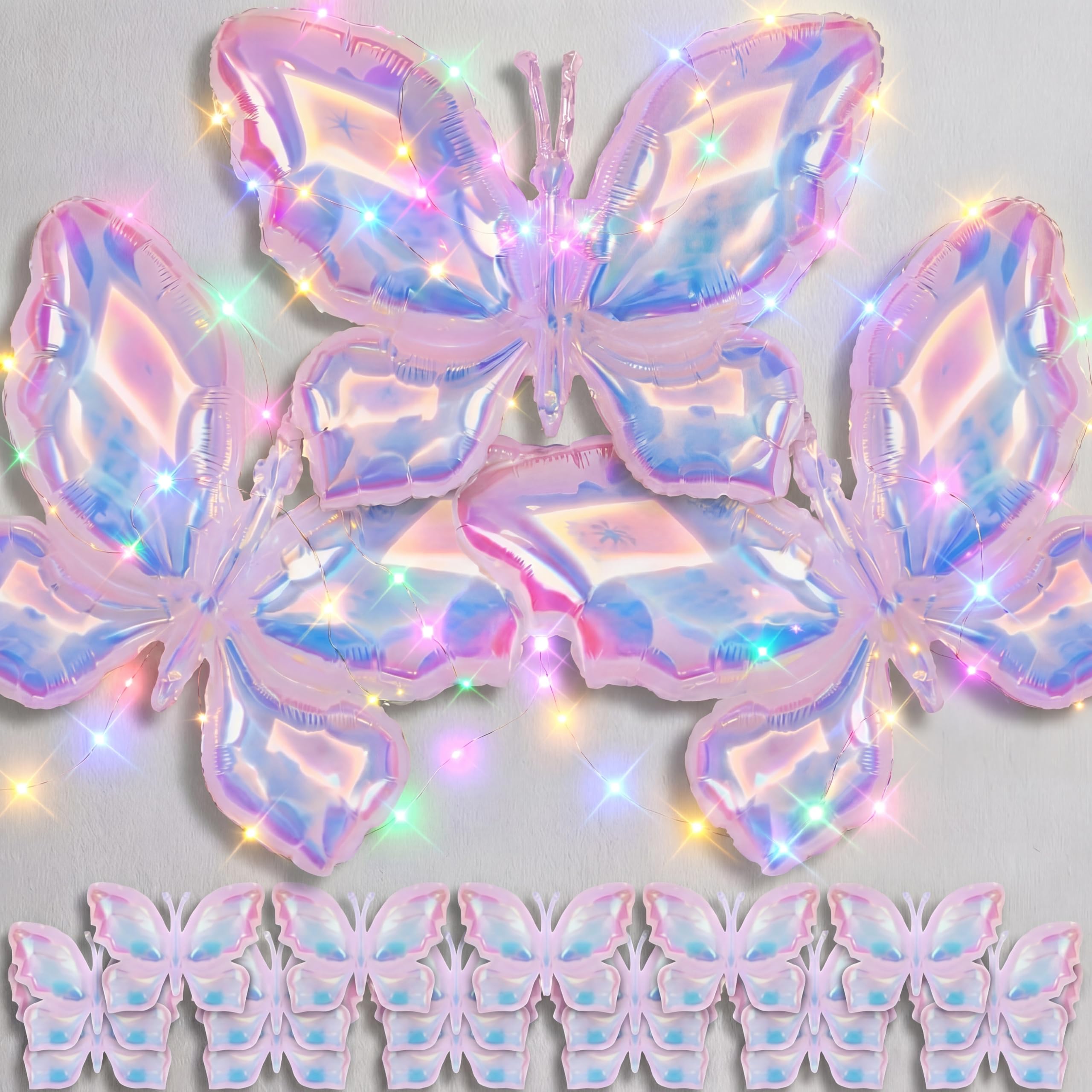 Ballons papillon irisé transparent de 99 cm avec éclairage LED USB pour anniversaire