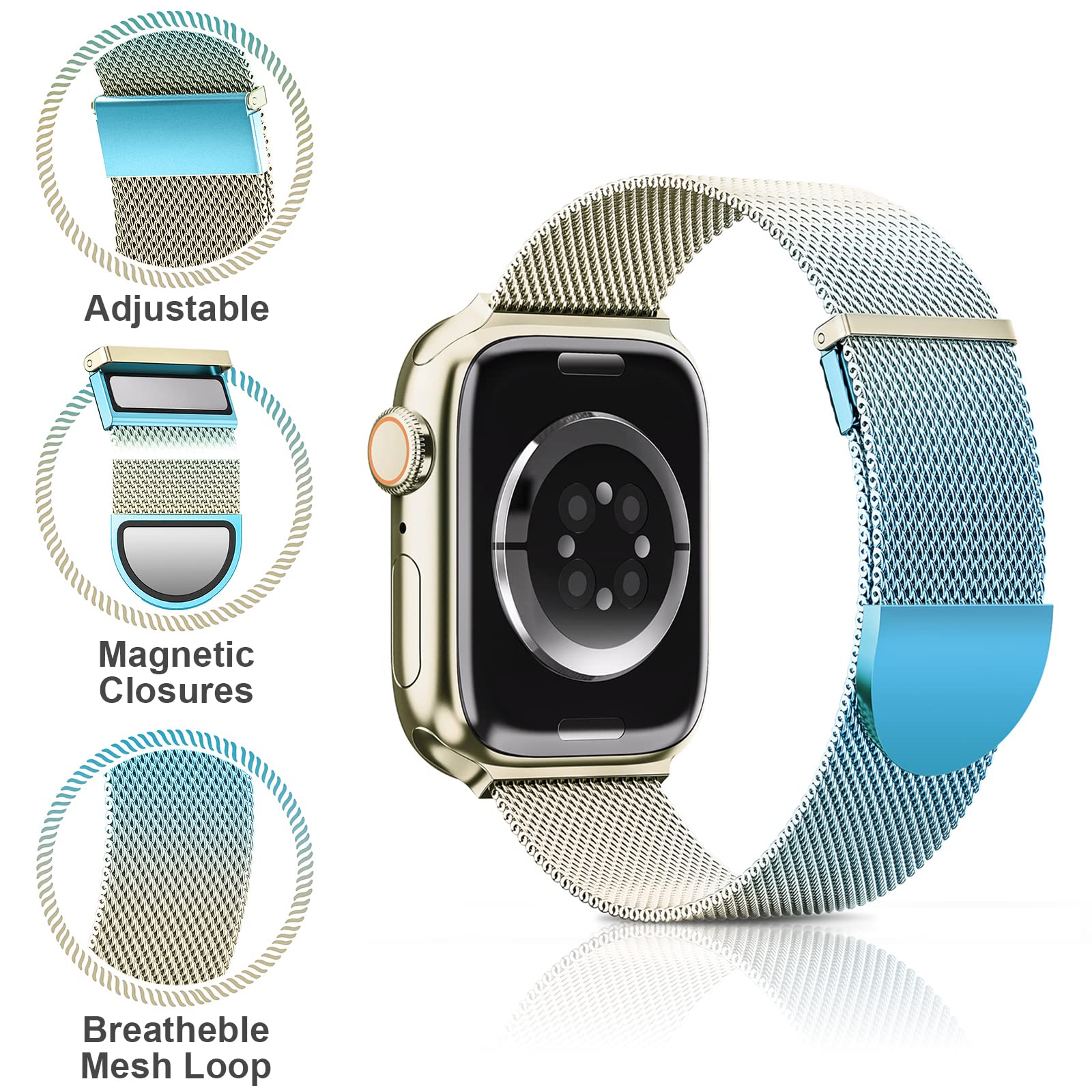 Higgs Cinturini Compatibile con Cinturino Apple Watch 40mm 41mm 38mm per Donna e Uomo, Cinturino Magnetiche Regolabili Doppie per iWatch Series SE(Second) 9 8 7 6 5 4 3 2 1, Liscio Maglia Milanese