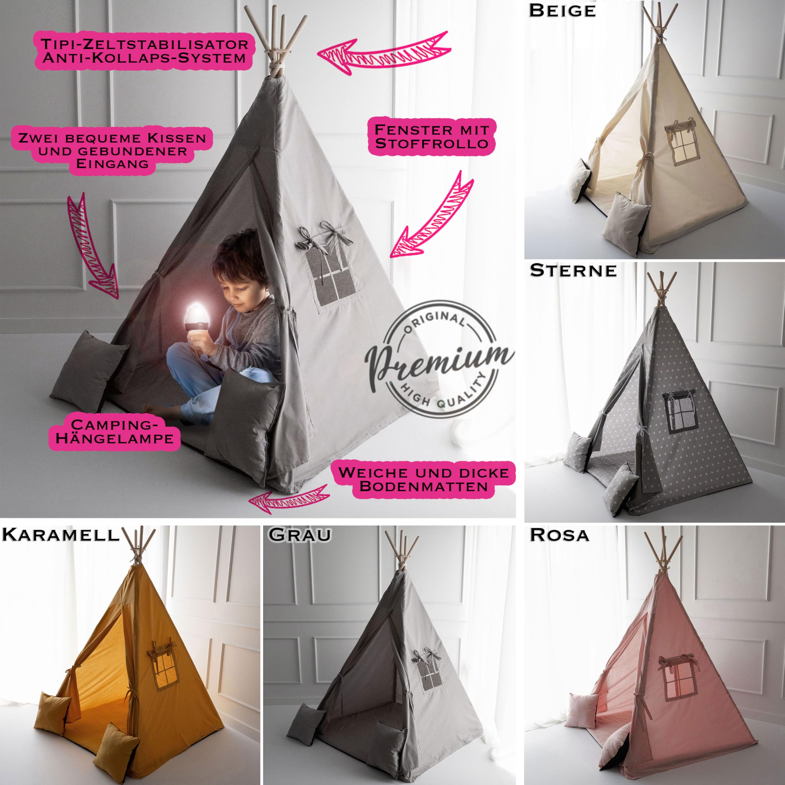 PaLulli® Tente tipi pour enfant en 100 % coton avec tapis douillet, système anti-collaps, stable, lampe suspendue de camping et 2 coussins décoratifs, tente de jeu Tippi, tente de jeu, beige