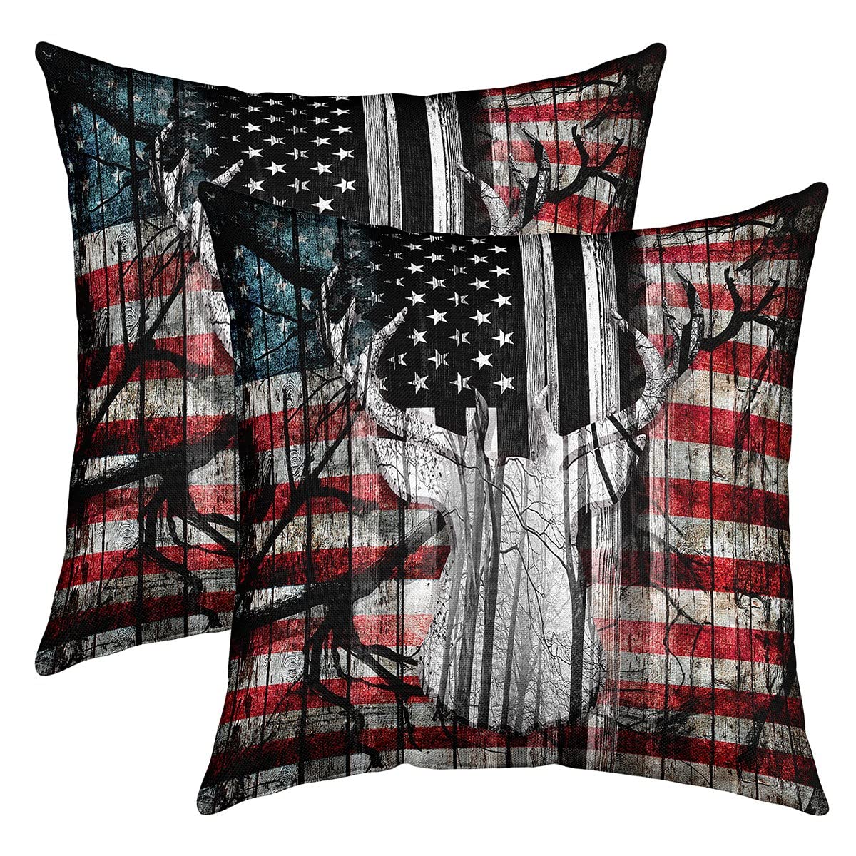 Flag Throw Pillow Covers for Sofa Bed Set of 2 Cute Deer Decorative Pillows Cushion Covers Deer Hunting Antlers Western Farmhouse Red Blue Pillow Inserts Not Included 22x22 Inch โ image 1
