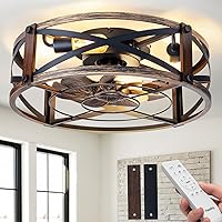 Passky 20" Farmhouse Caged Flush Mount Ceiling Fan with Lights & Remote - Industrial Black Low Profile, 6 Speeds, Quiet DC Motor for Bedroom Kitchen