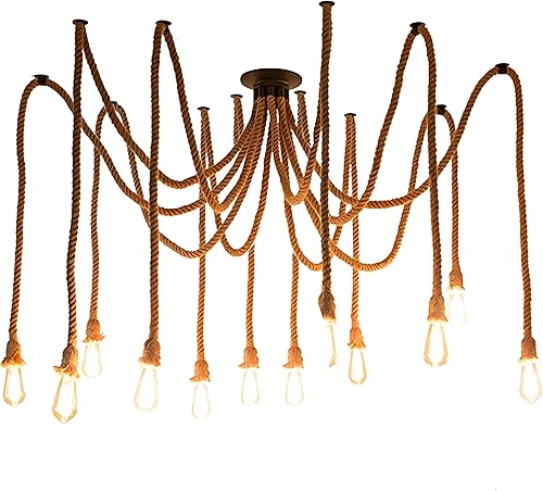 Lámpara colgante de cuerda de cáñamo vintage de 12 cabezas de 6.6 ft, base E26E27, lámpara de techo vintage, estilo retro para comedor, restaurante,
