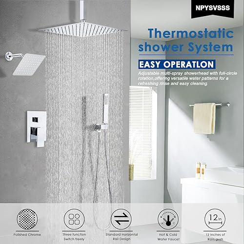 Miniatura 10 de NPYSVSSS Sistema de ducha de lluvia de cuerpo completo negro mate de 16 pulgadas para montaje en techo de doble función, juego de grifo de ducha con