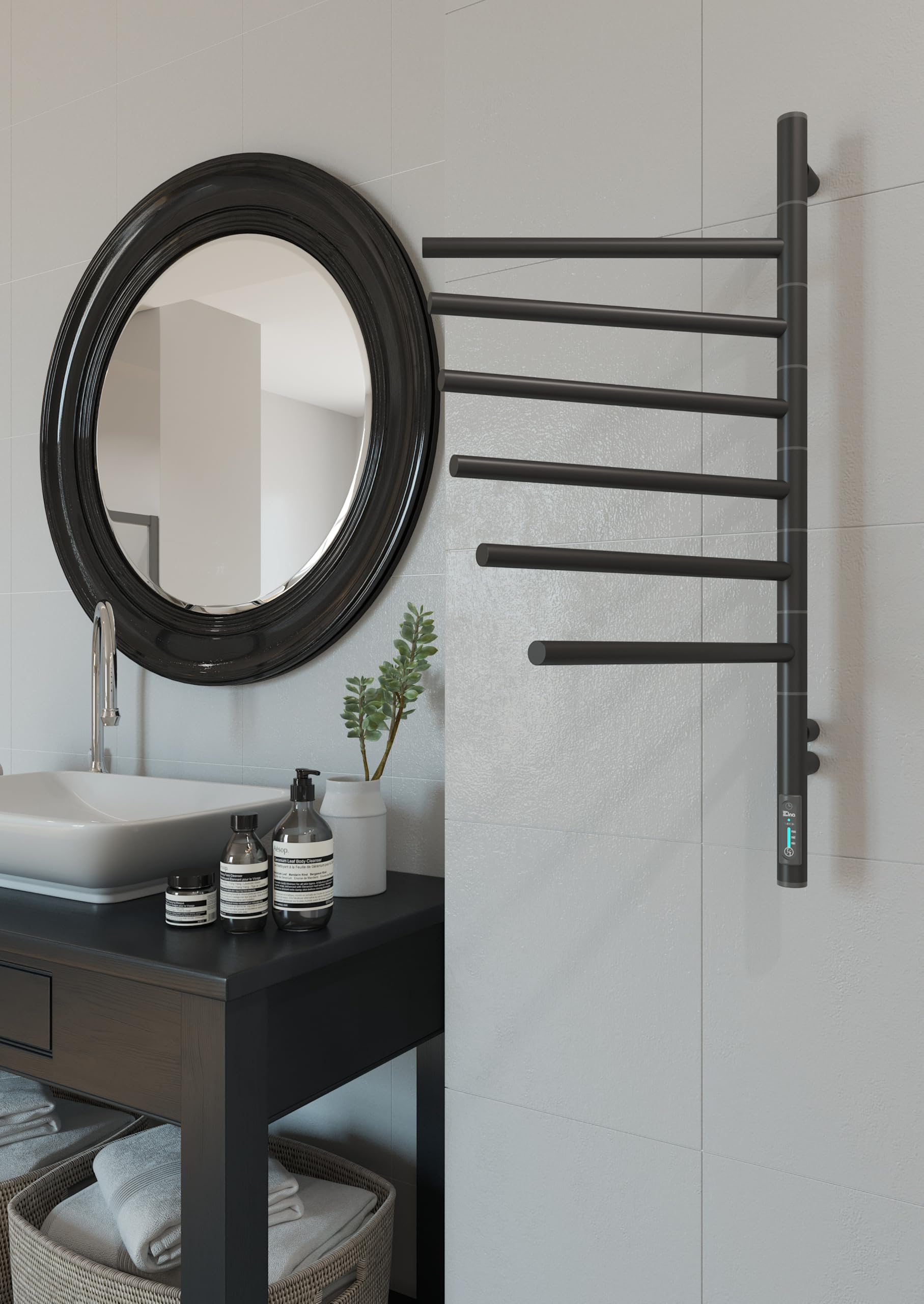 Czarny grzejnik do ręczników 79x40 cm – Elektryczny 78W – 6 obrotowych ramion – Termostat + Timer – IP44 – Stylowy i oszczędny