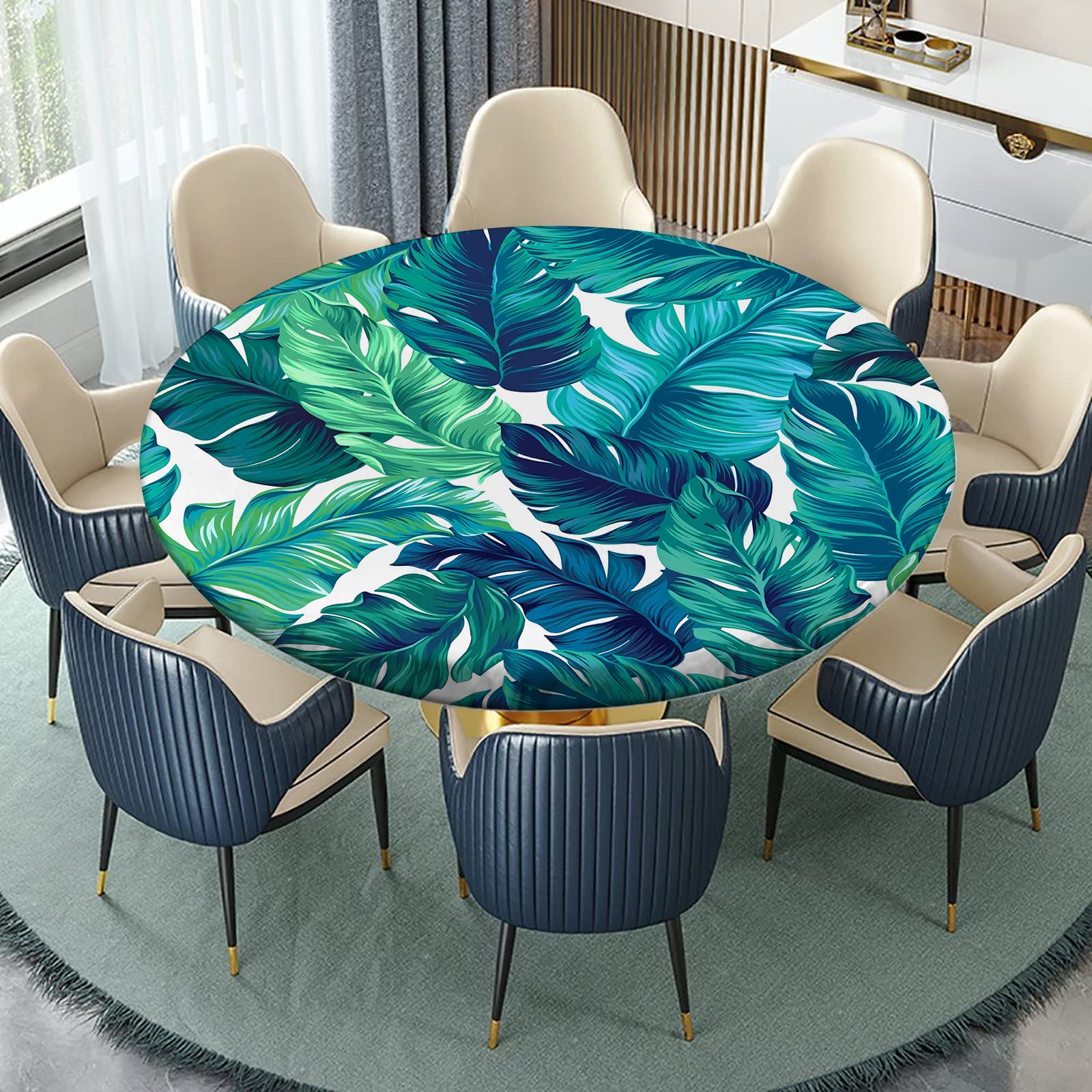 igoga sports Round Elastic Edge Table Covers Tropical Plants Hawaiian Theme Fitted Tablecloth, Polyester Table Pad Cloth for Indoor Outdoor Party Dinner Patio Decor Fits Tables Up to 48