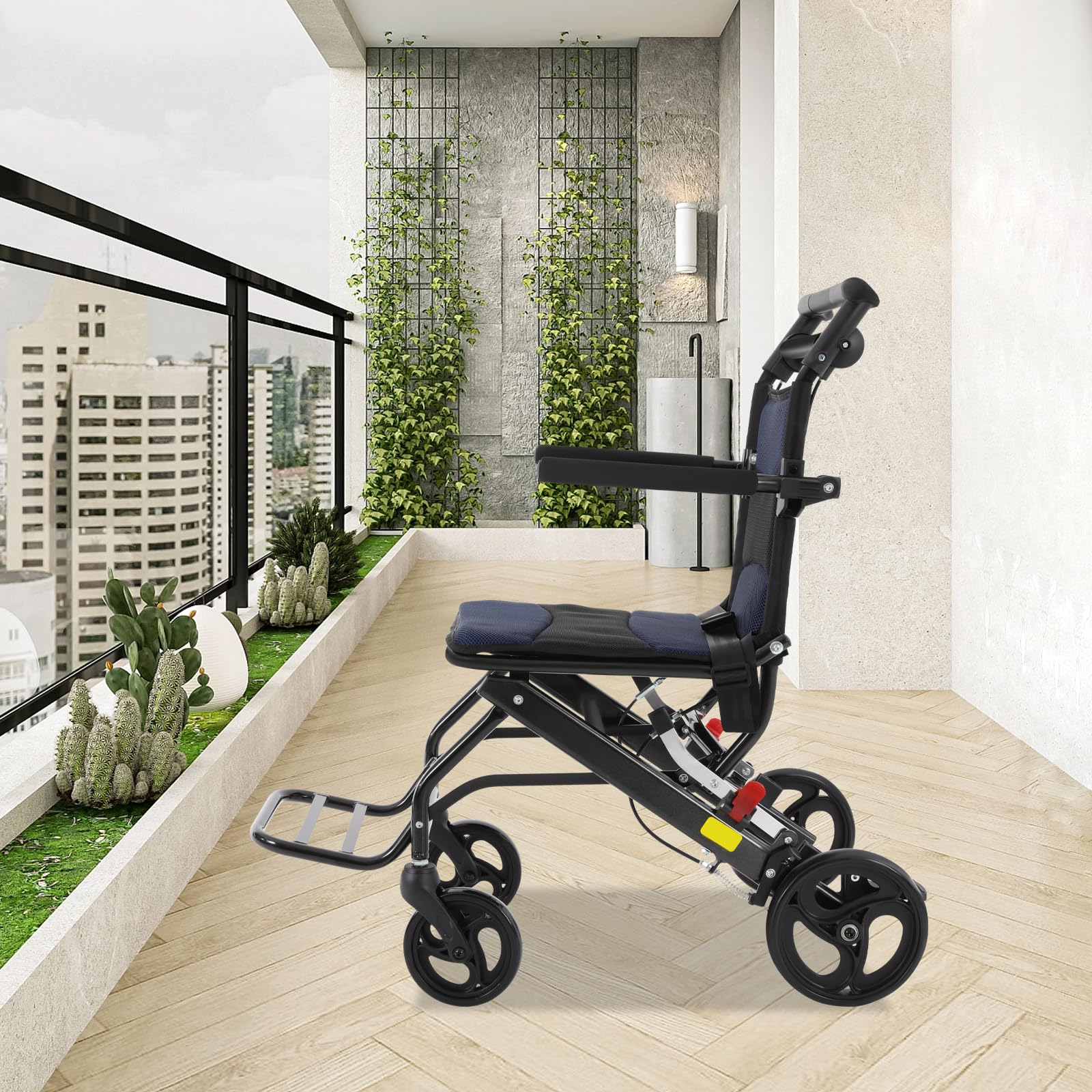 Silla de ruedas ligera Silla de viaje Silla de ruedas plegable Sillas de ruedas de transporte de aluminio con bolsa de almacenamiento 100 kg Capacidad de carga Ancho del asiento 40 cm para adultos 84