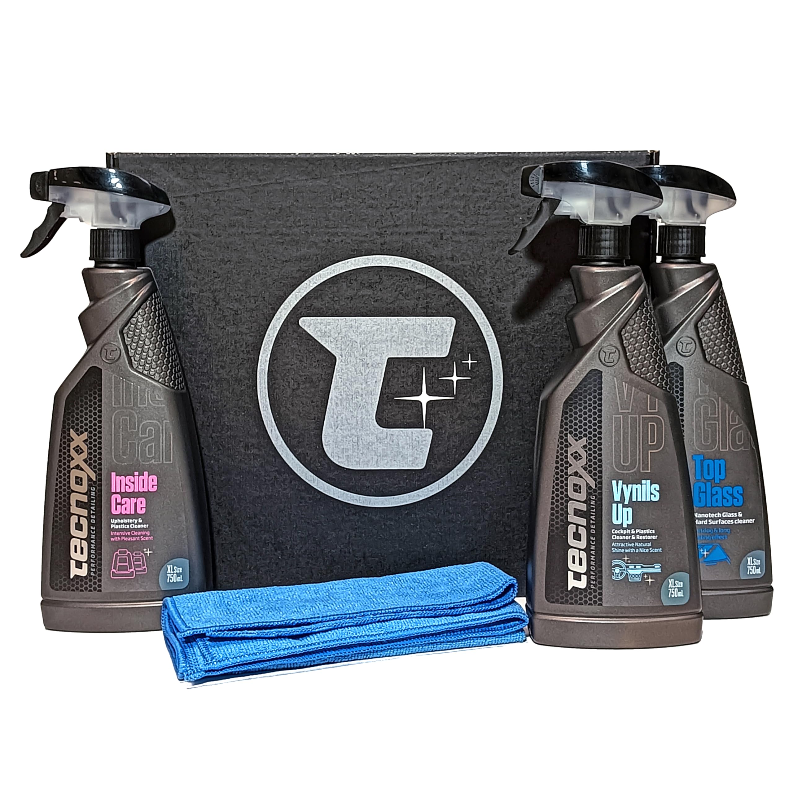 Tecnoxx – Kit In Premium 3 Productos Pro para Limpieza y Mantenimiento Interior de Coches Envases XL 750 mL con hidratador salpicaderos detergente tapicerías Limpia Pantallas Cristales