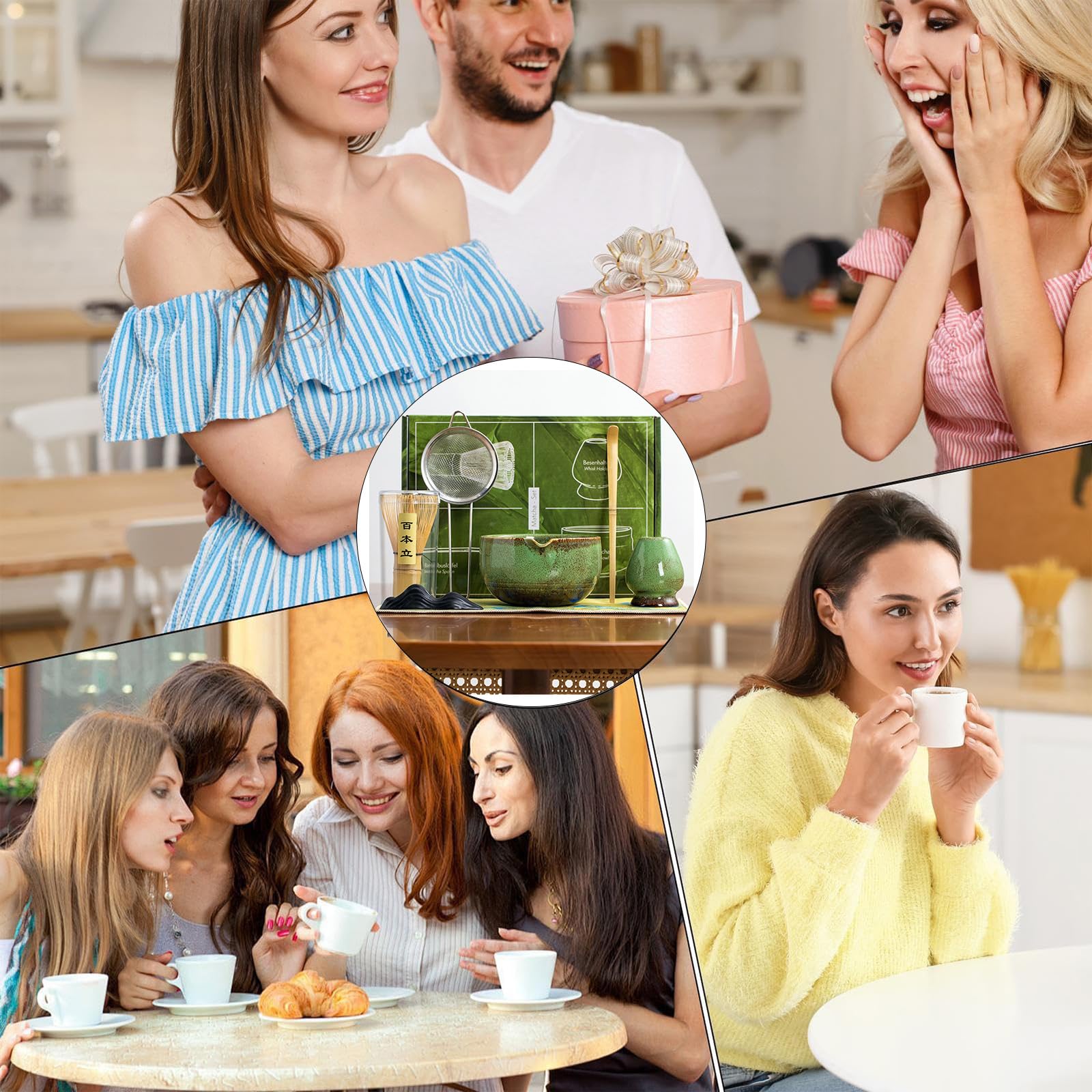 Matcha Kit 7 Piezas, Ciotola Matcha con Beccuccio, Frusta al Matcha, Supporto per Frusta, Cucchiaino, Asciugamano per Tè, Filtro, Matcha Set Perfetto per Macha (Verde Screziato)