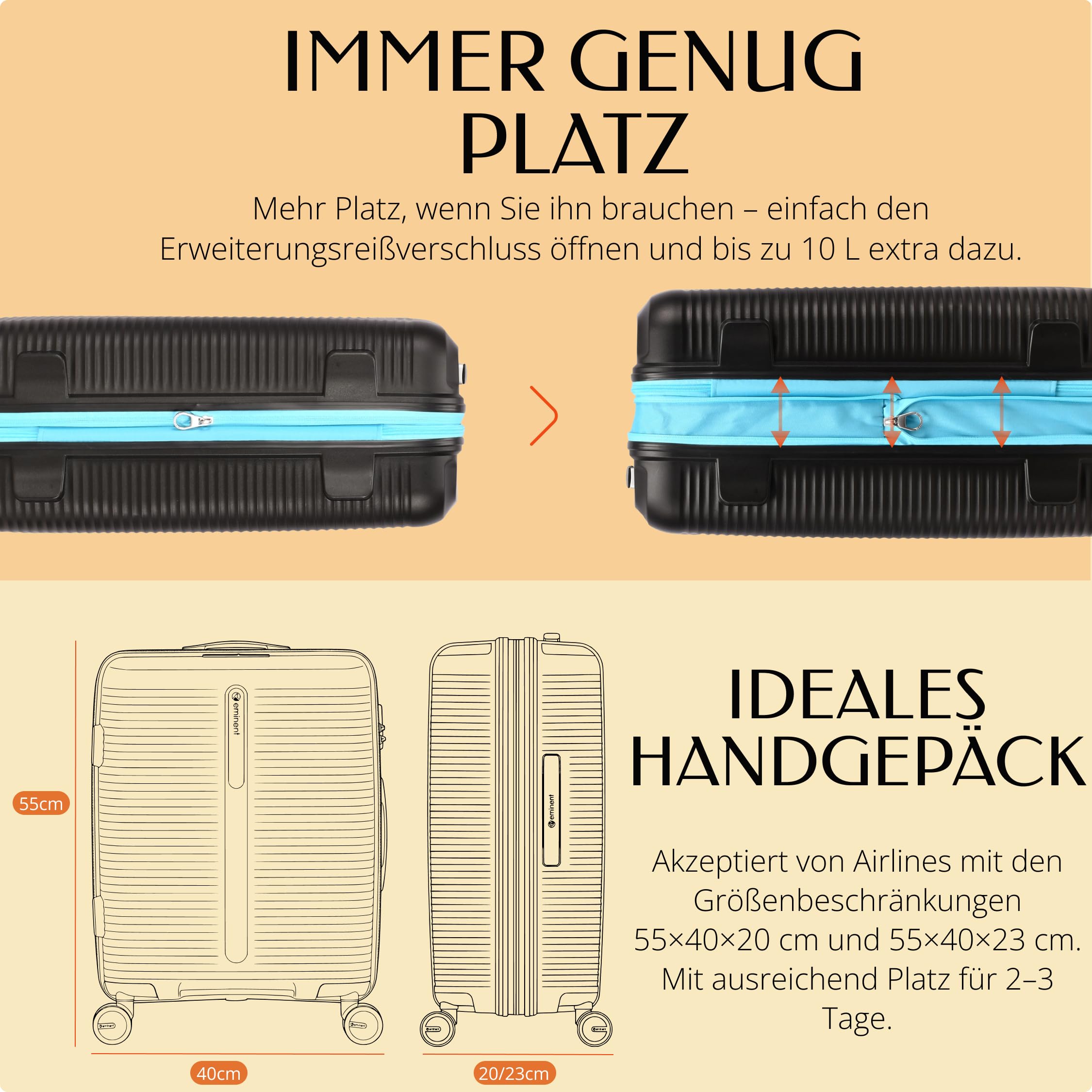Eminent Finno Handgepäck Koffer 55x40x20, Hartschalenkoffer leicht | 2,5 kg ultraleicht, 39L, erweiterbar 55x40x20 auf 55x40x23, TSA Schloss, 4 Rollen, Kabinentrolley, Polypropylen, Schwarz