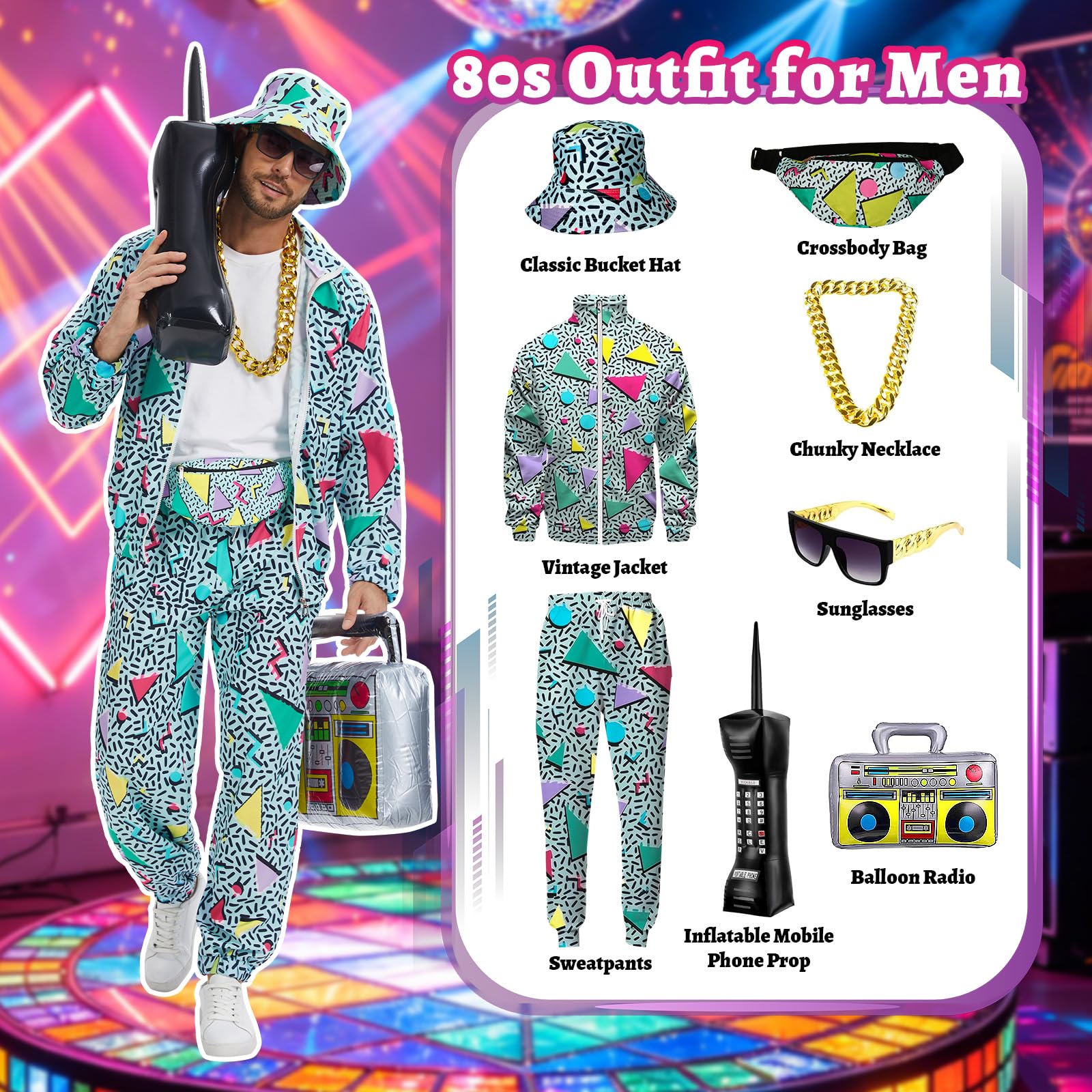 Completo da uomo anni '80 e '90, tuta con accessori per costume hip hop, set per feste a tema Halloween anni '80.