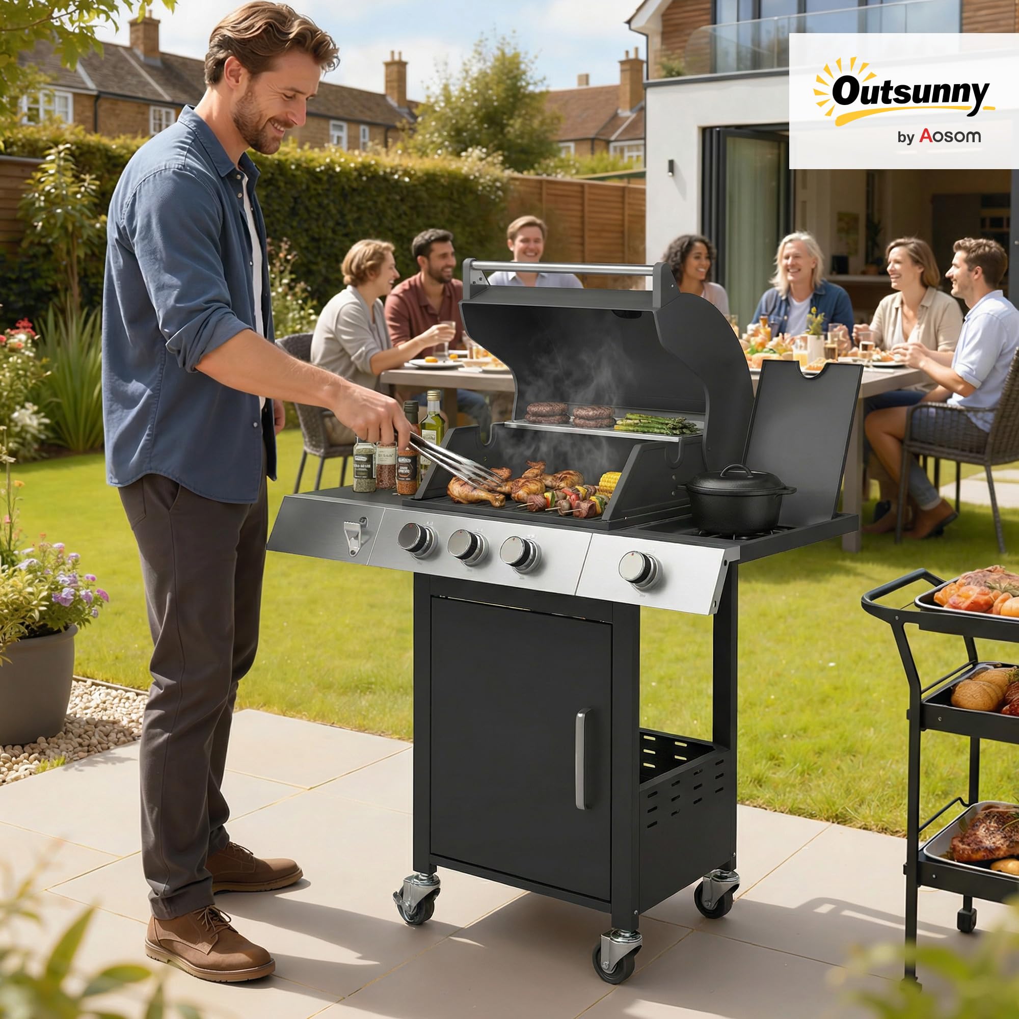 Outsunny Gasgrill 10,5 KW 3+1 Brenner BBQ Grillwagen Edelstahl inkl Seitenbrenner Flaschenöffner Thermometer Gusseisen-Grillrost Warmhalterost Rolle Seitentisch Unterschrank Gas-Grill für Balkon Party