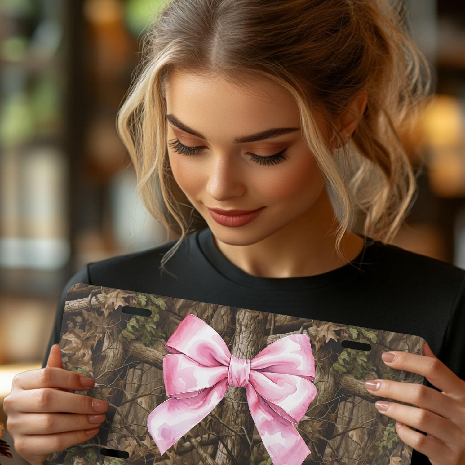 Camo Pink Bow Front License Plate for Women Teens Girls, Camouflage, Female Hunter Deer Cute Car Accessories Girly Coquette Preppy Decor, Hunting, Country Girl Outdoorsy Custom Tag