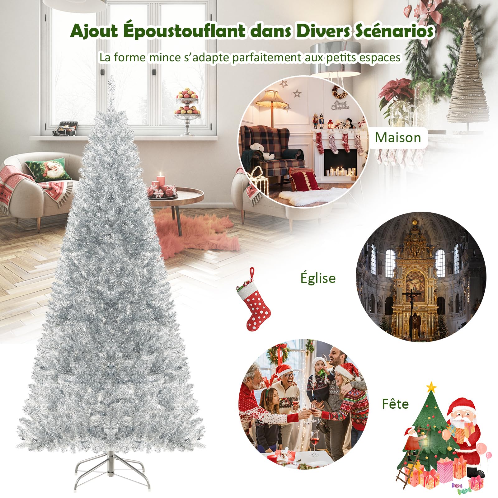 GYMAX Sapin de Noël Artificiel Lumineux 180 CM, avec 790 Branches & 300 Lumières LED Blanc Chaud & Support Pliable en Métal Pliable & Charnière, pour Bureau/Maison/Intérieur/Extérieur