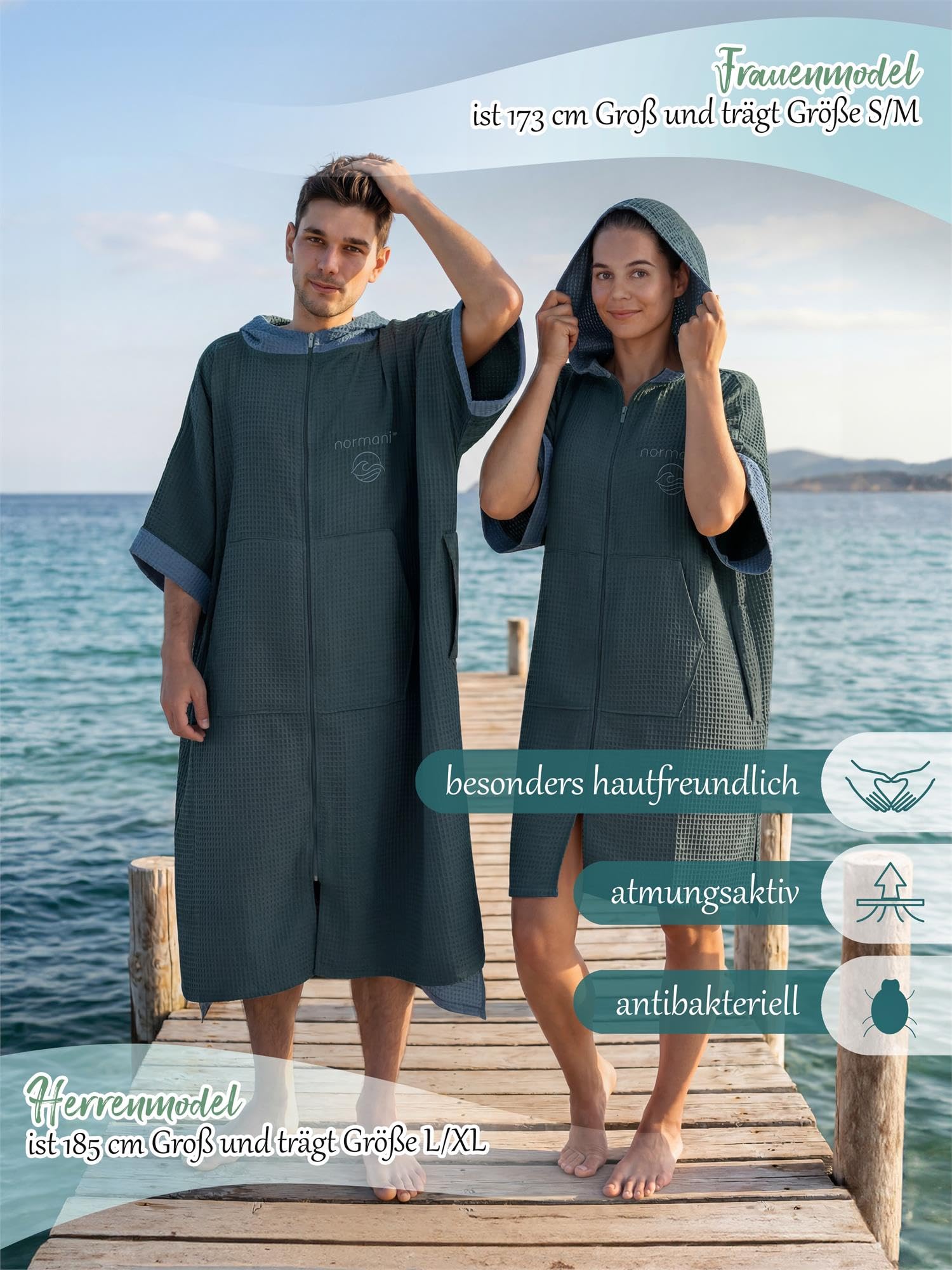Badeponcho aus Waffelpique Handtuch-Poncho aus 100% Viskose leicht und kompakt - Badetuch Surferponcho mit Kapuze für Damen und Herren