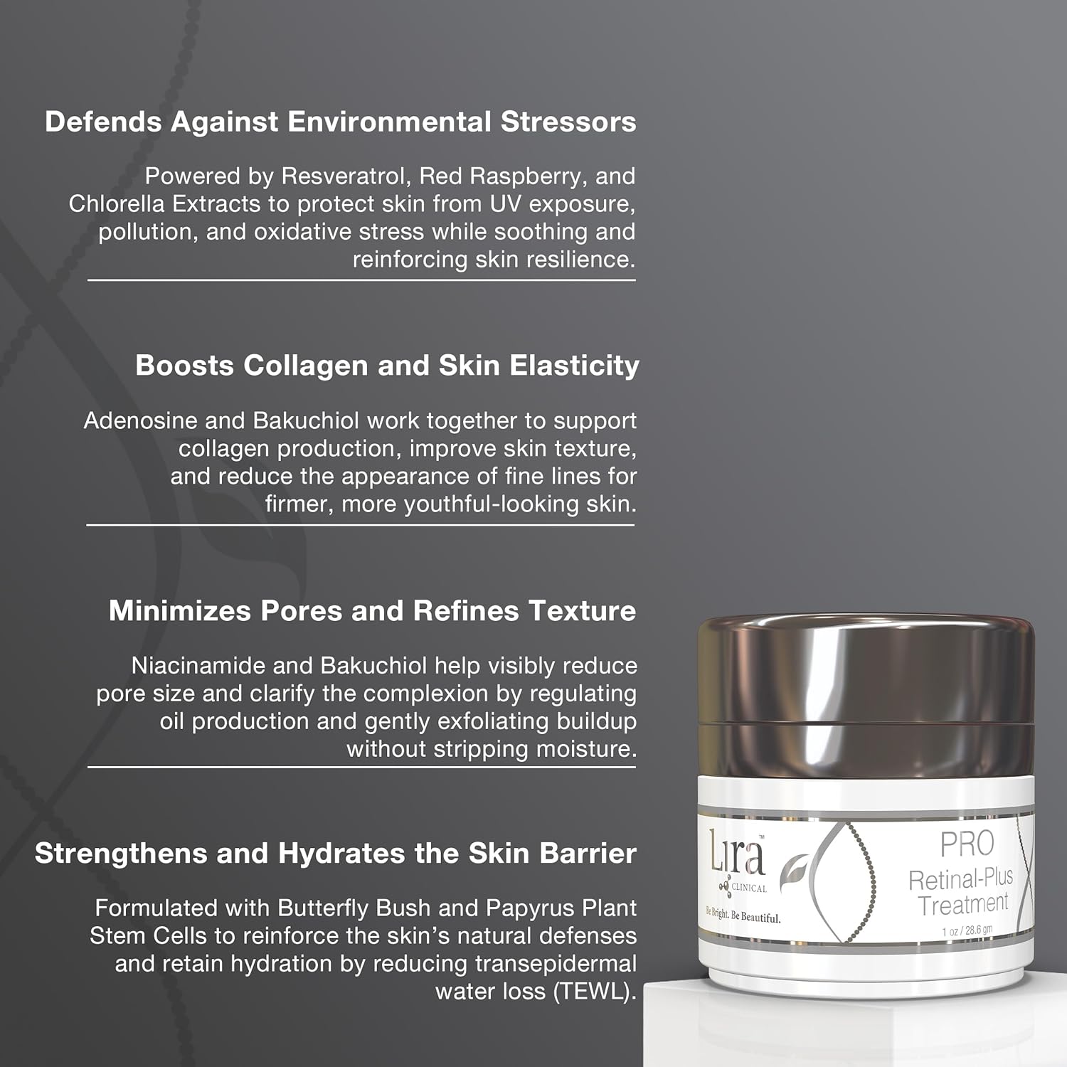 Lira Clinical PRO Retinal-Plus Treatment - Retinol Cream with Hyaluronic Acid, Salicylic Acid & Vitamin C - Helps Reduces Fine Lines & Wrinkles - All Skin Types - 1 fl oz