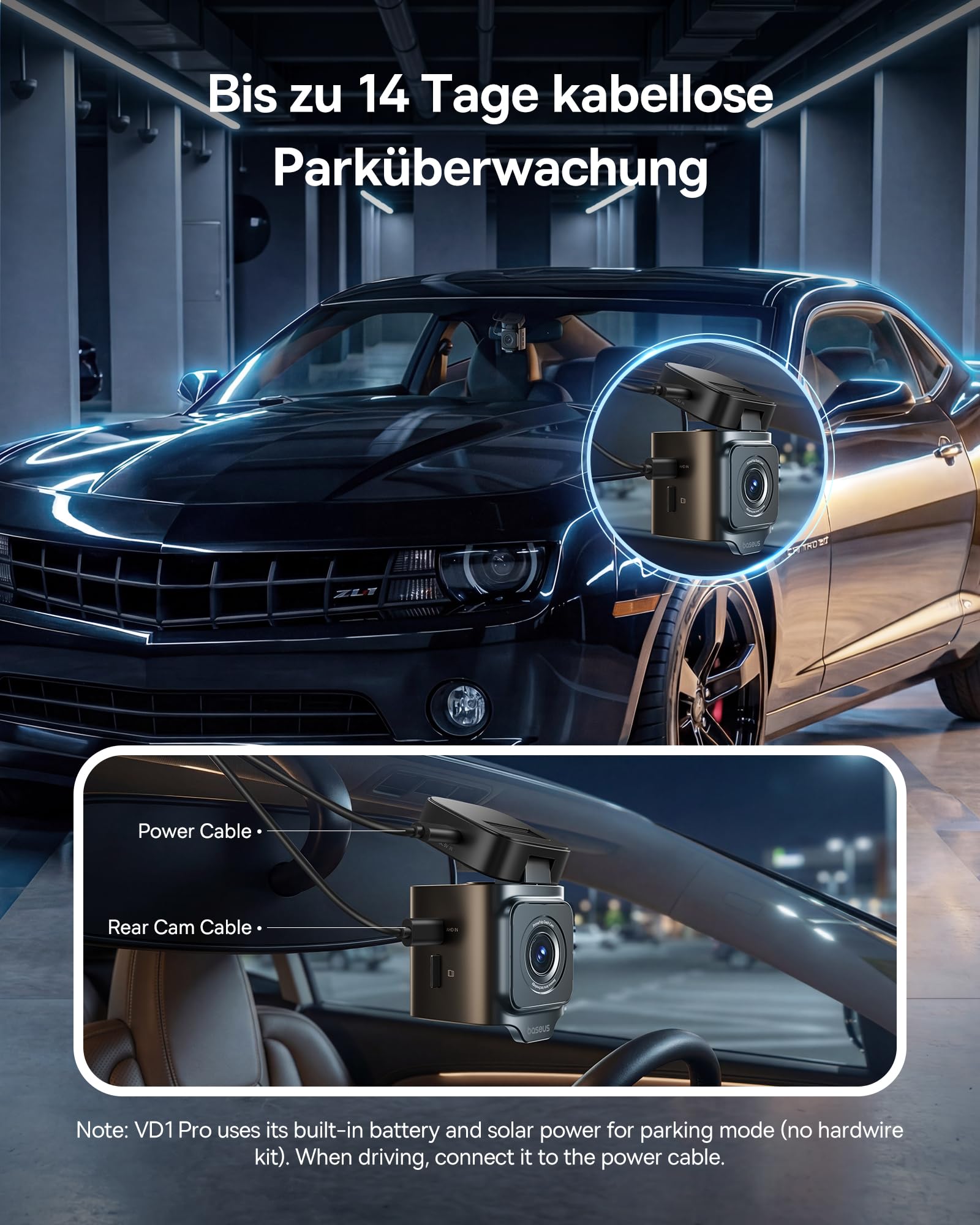 Baseus VD1 Pro Dashcam 4K+1080P Solar-Dashcam 14-Tägiger Batterie-Standby-Parkmodus STARVIS Nachtsicht 5GHz WLAN GPS 32GB