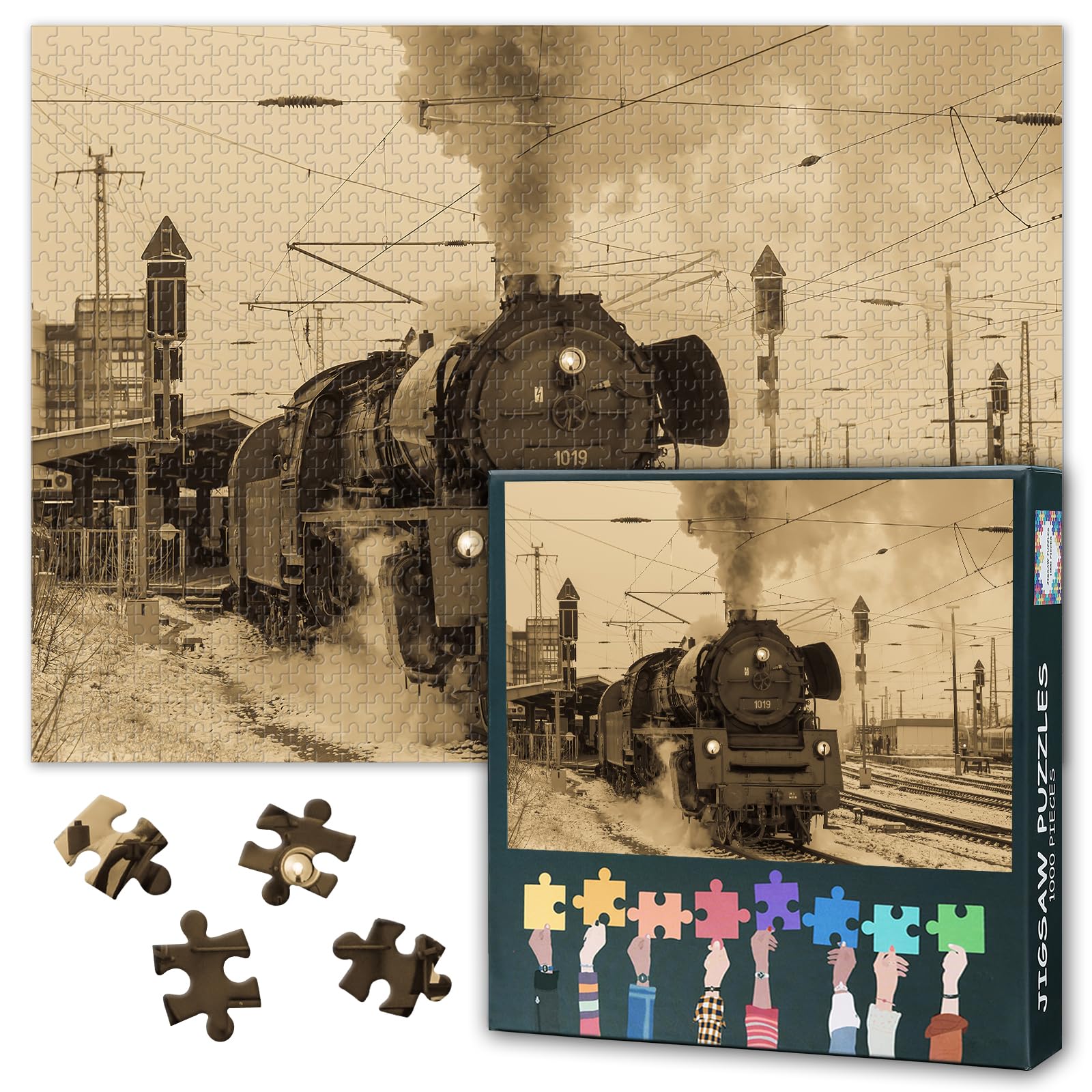1000 Piece Jigsaw Puzzle for Adults Black and White Steam Locomotive Art Monochrome Vintage Train Photography Large Wall Decor Puzzles for Living Room Office 27.5x19.7 Inch