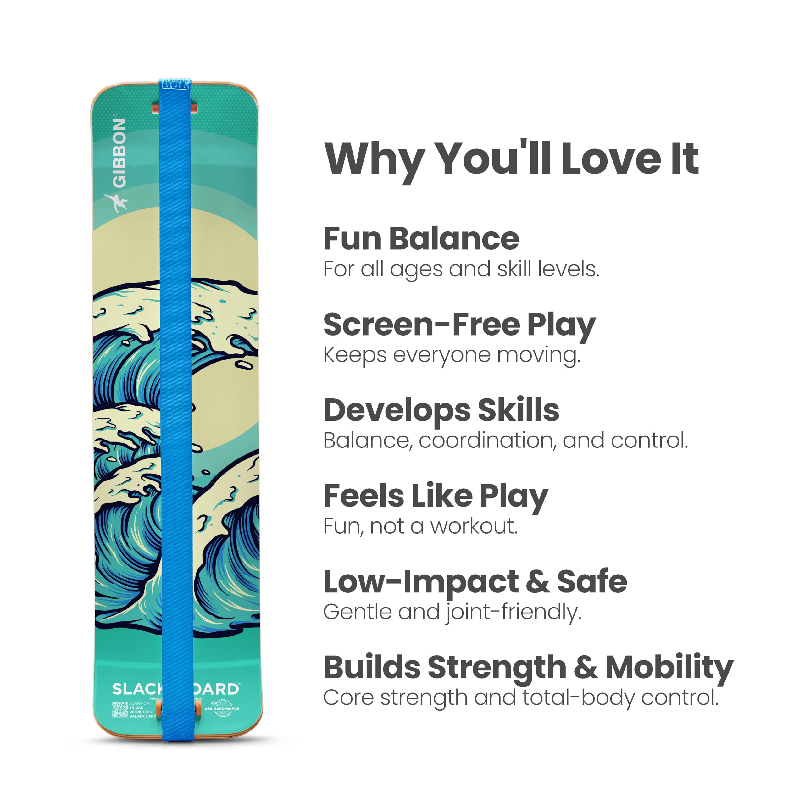 GIBBON SlackBoard - GiBoard Balance Board Kids & Adults - Slackline Balance Trainer - Slack Board Core Workout Equipment Home Gym Training - Standing Desk Exercise - Yoga, Agility, Pilates & More