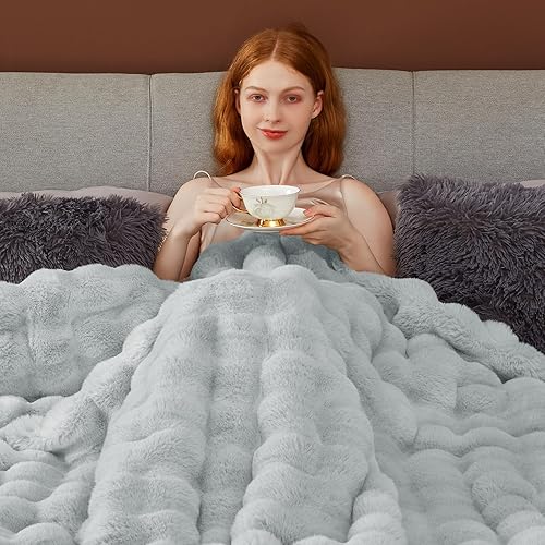 Miniatura 9 de Touchat Manta de lujo de piel de conejo sintética de 1000 GSM, súper pesada, cálida y acogedora manta marrón para sofá cama, mullida, elegante,