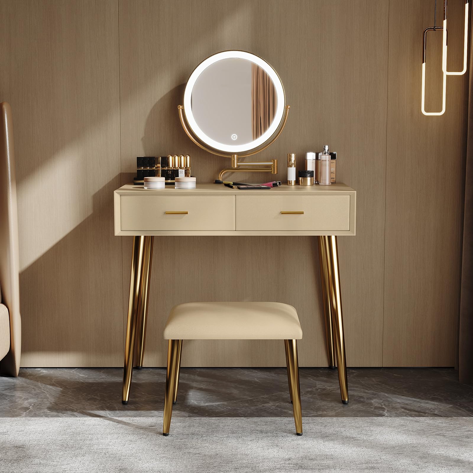 IKuinen Makeup Vanity Desk with Mirror and Lights, Small Vanity Table with 2 Drawers,Vanity Set for Bedroom with Microfiber Leather, 3 Lighting Modes