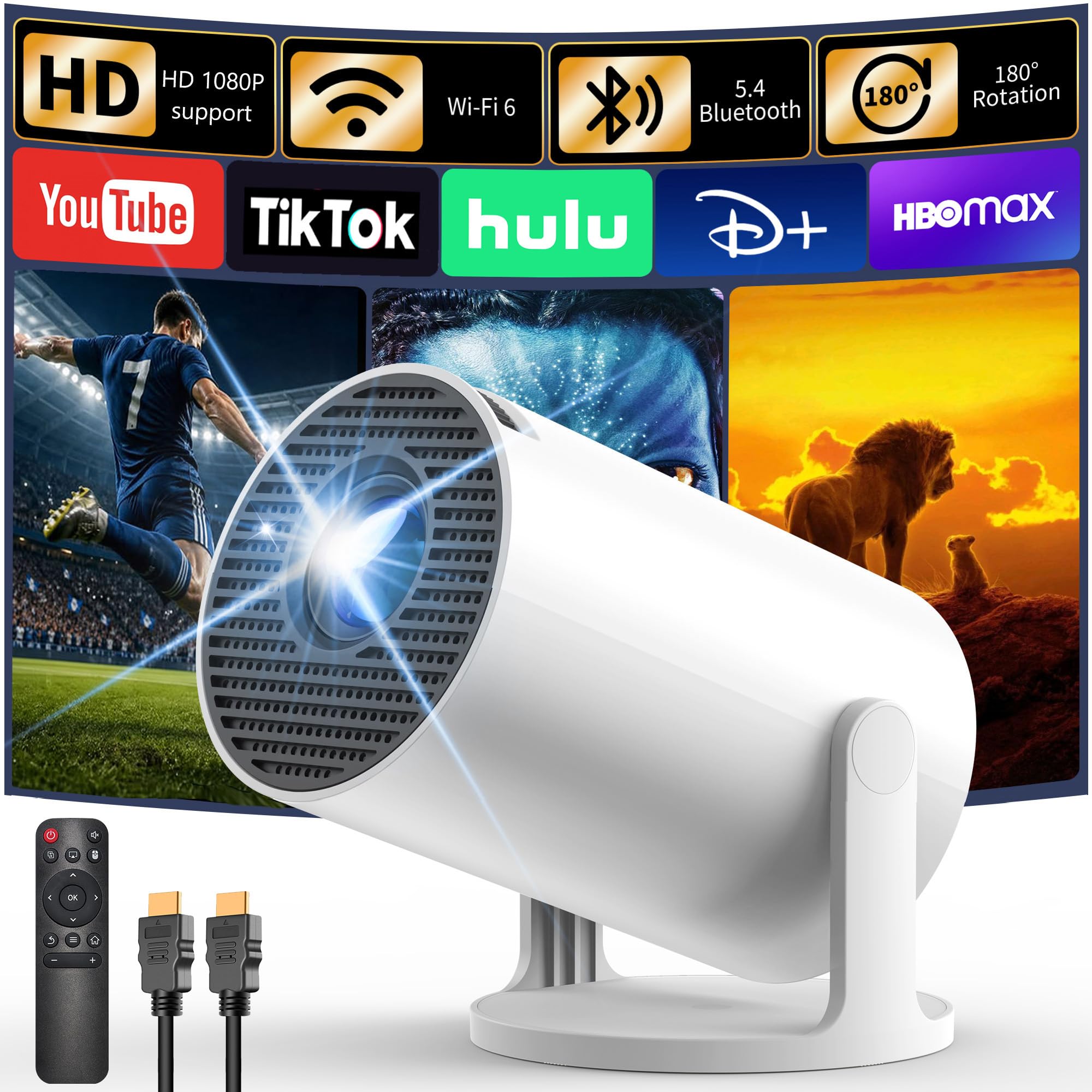 Portable Projector with Android TV, Yoton 1080P Support Mini Projector with WiFi 6 Bluetooth 5.4, 18000L Auto Keystone 50% Zoom 180° Rotation Projector Cinema Compatible with Mobiles/PC/Xbox/USB/HDMI