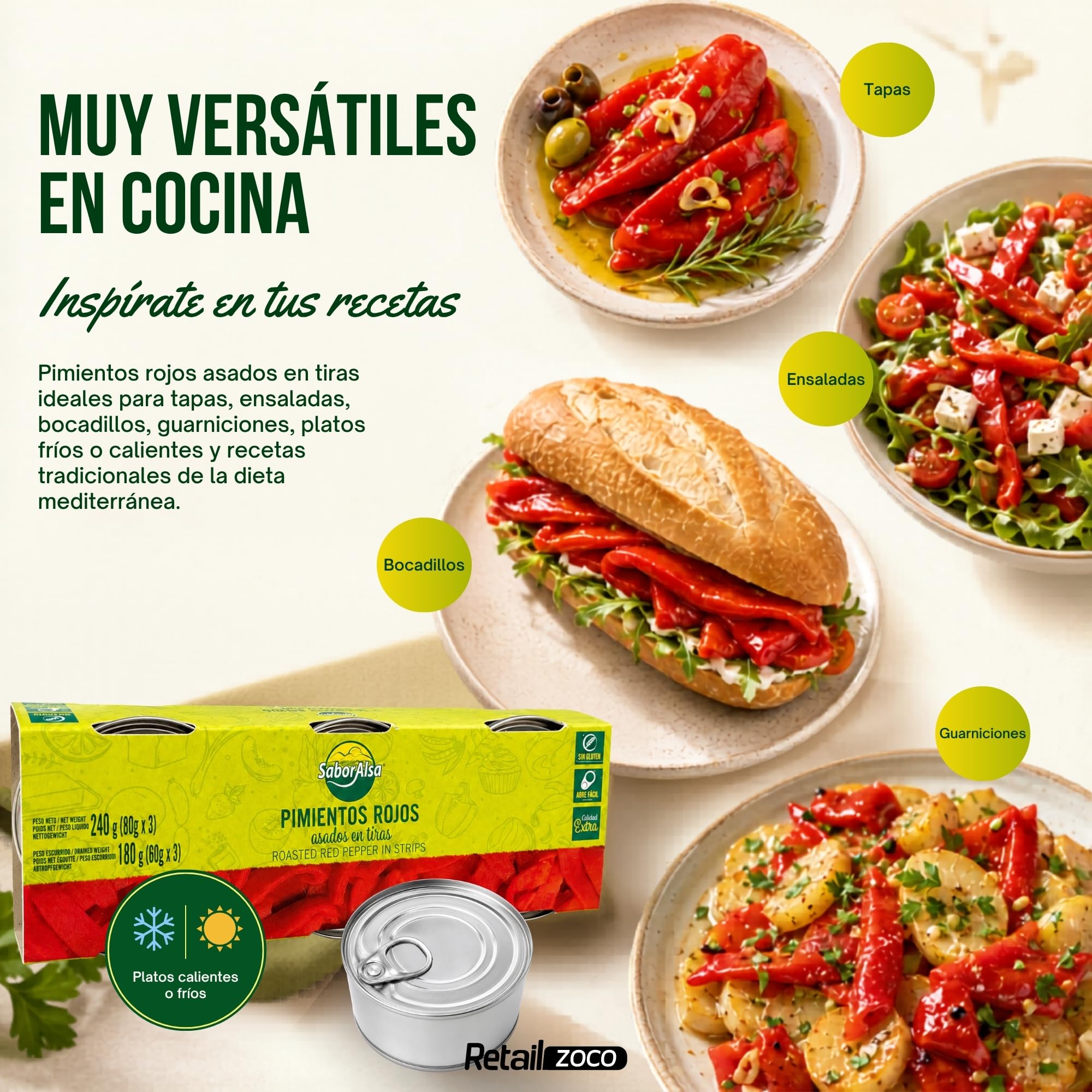 Pimiento rojo asado en tiras, Pimientos en tiras en lata, ingrediente estrella de la dieta mediterránea, Peso Neto por lata 80 gr, Peso escurrido 60 gr, Pack de 12 latas de 80 gr