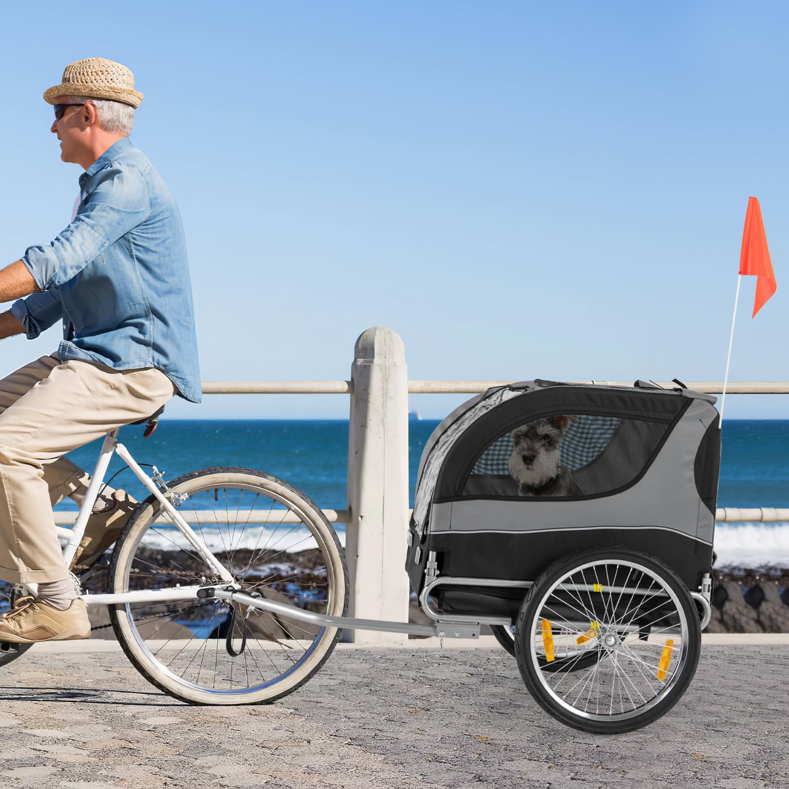 GOPLUS Remorque de Vélo pour Chien, Chariot pour Chien avec Drapeau de Sécurité, 8 Réflecteurs, Cadre Pliable, Roues à Dégagement Rapide, Convient aux Animaux, Charge Max. 40 kg (Gris)
