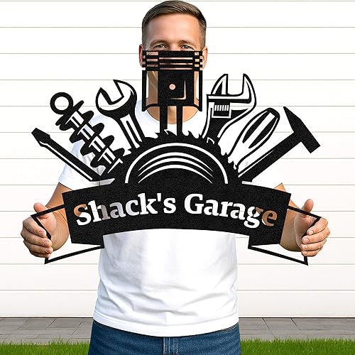 Miniatura 12 de Letrero de taller de garaje personalizado para hombres, arte de pared de metal con nombre personalizado para cobertizo mecánico, decoración rústica