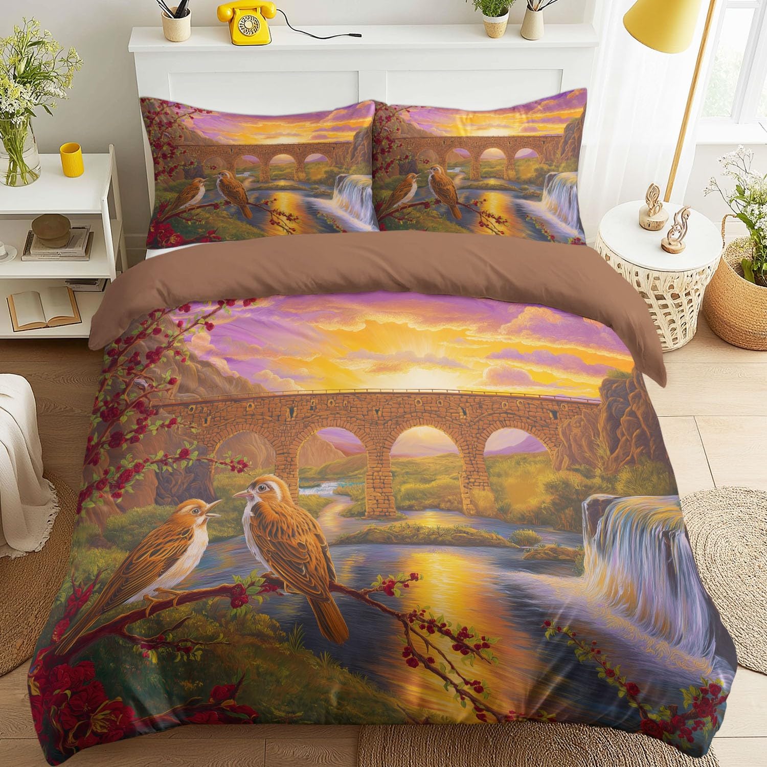 Parure de lit 160 x 200 oiseaux et fleurs en microfibre de qualité supérieure au rendu peinture