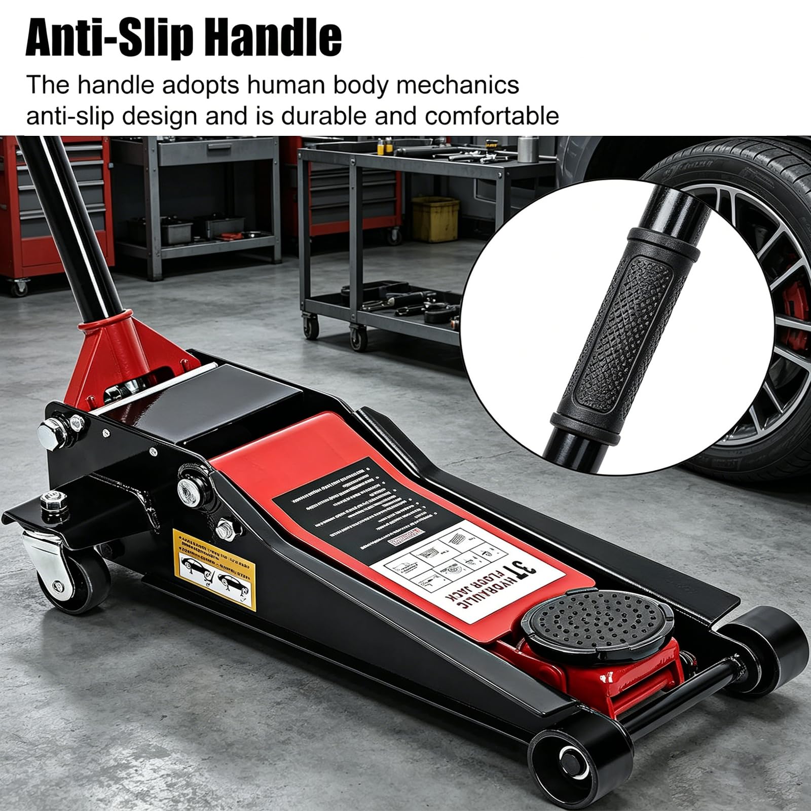 3 Tonne Trolley Jack Hydraulic Car Jack, Low Profile Floor for Car Van, Heavy-Duty Steel Hydraulic Lift with Dual Pump System, Handle Swivel Wheels, High Lift Garage (Red) - 4