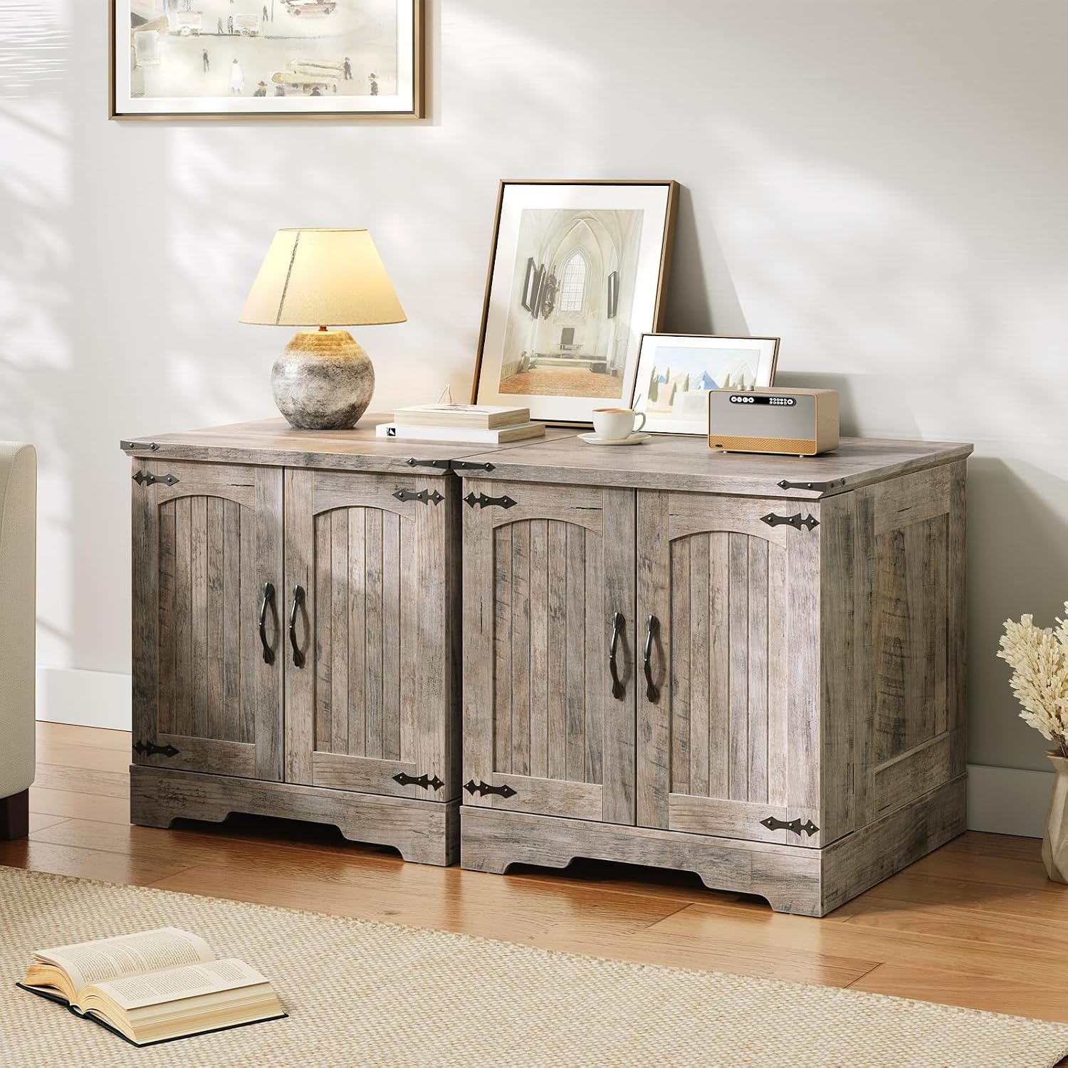 HOOBRO Farmhouse End Table Set of 2, with Charging Station, 23.6" Large End Tables Living Room with Door Storage Racks, Rustic Wooden Nightstand Bedside Table, Square Side Table, Greige
