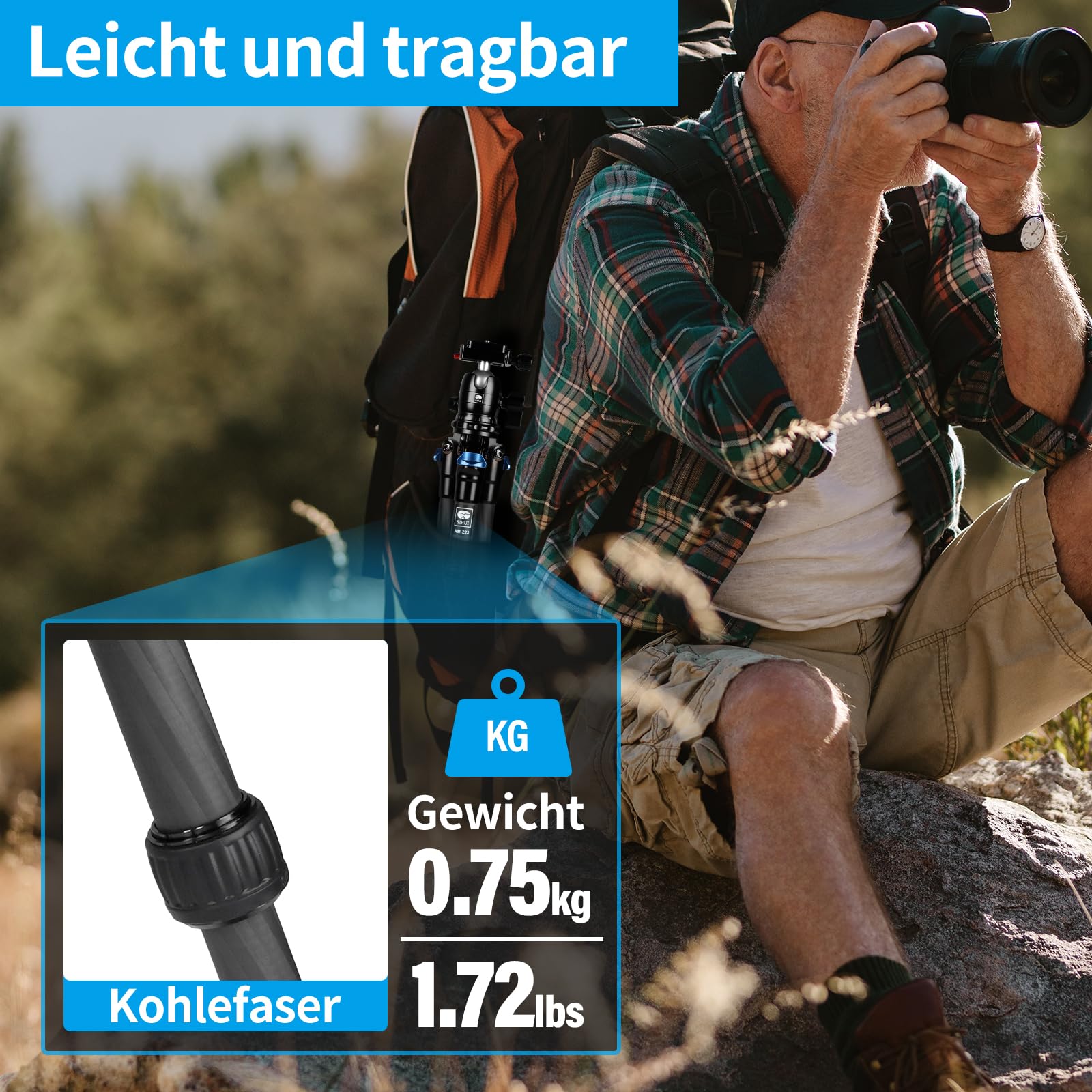 SIRUI AM-223 Carbon Mini Stativ,Klein kompaktes Kamerastativ, Tischstativ mit 360° Arca Swiss B-00K Kugelkopf für DSLR, Höhe zusammengeklappt 13cm, max. Höhe 43cm