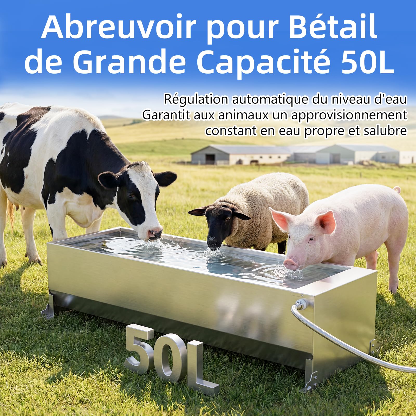 Abreuvoir Automatique 50L en Acier Inoxydable, Abreuvoir Extérieur Grande Capacité avec Vanne à Flotteur, Distributeur d'eau pour Chevaux, Vaches, Porcs, Chèvres et Grands Chiens Élevage