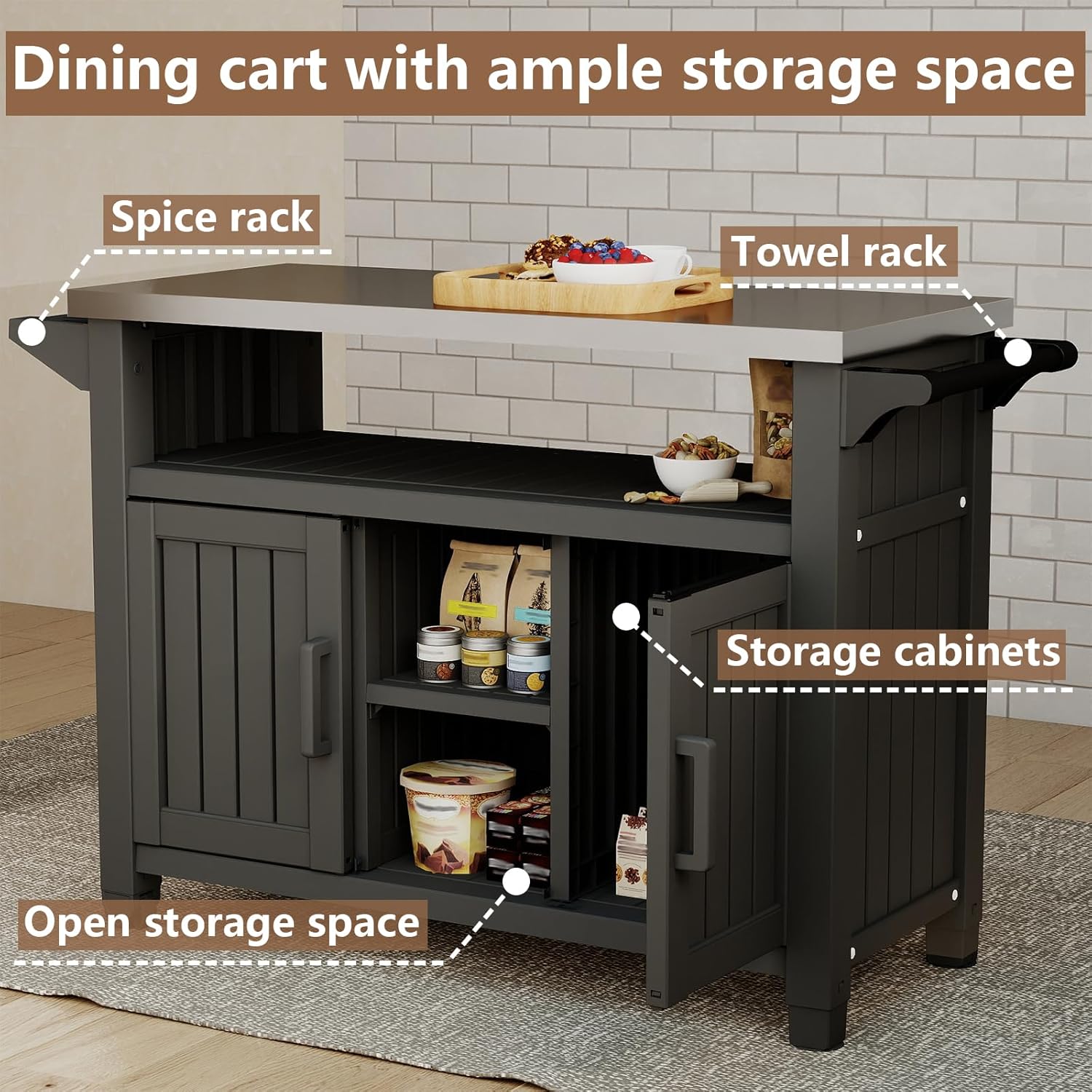 EasyUp Outdoor Storage Cabinet,Patio Storage Table, Bar Table with Wheels,Outdoor Bar Cart for Patio, Poolside and Backyard,Black