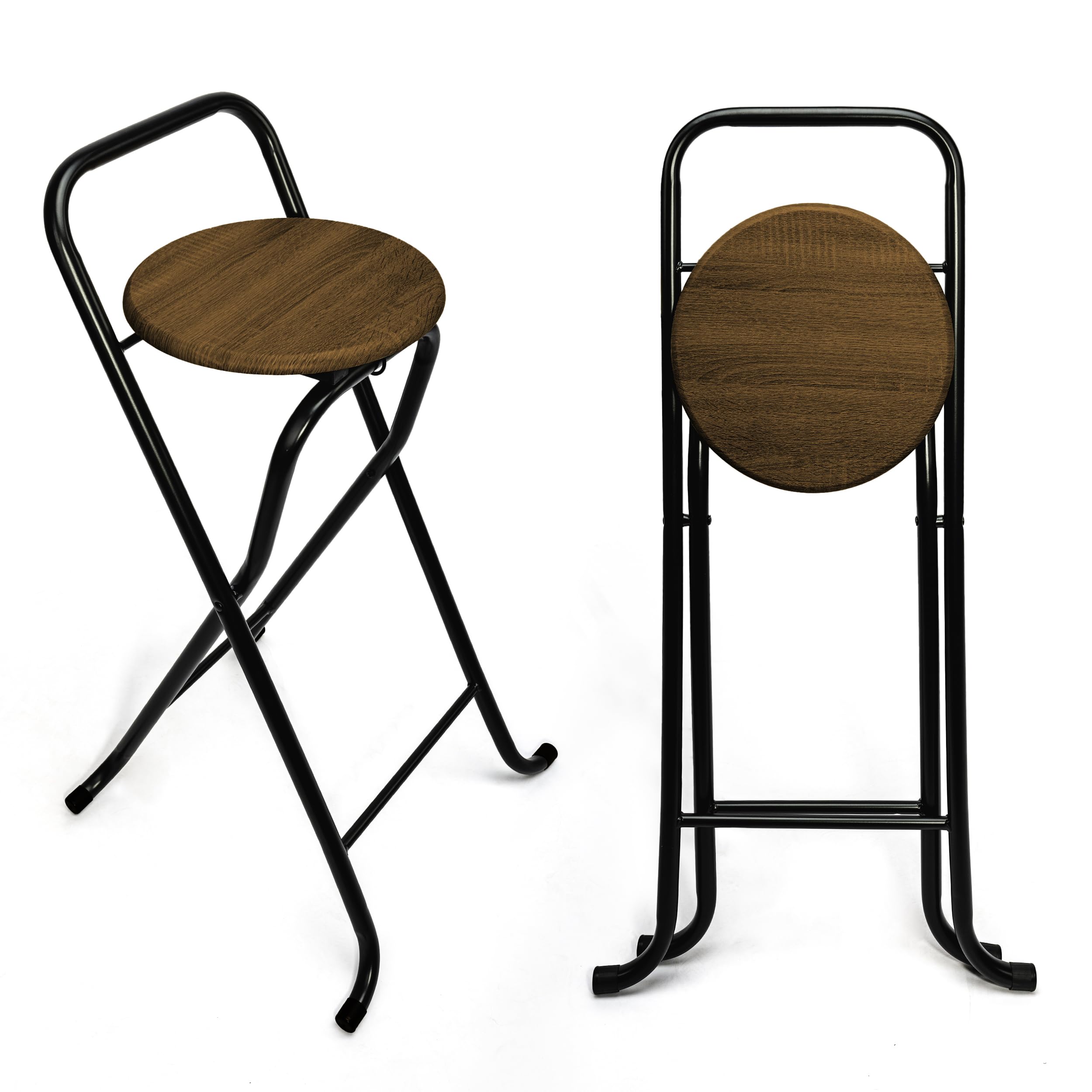 BESCH Taburete Plegable Alto 44x46x80cm con Respaldo - Silla Plegable de Metal y con Base de Madera Natural Ideal para Cocina, Salón, Bar (46x46x98cm, Base Color Marrón)