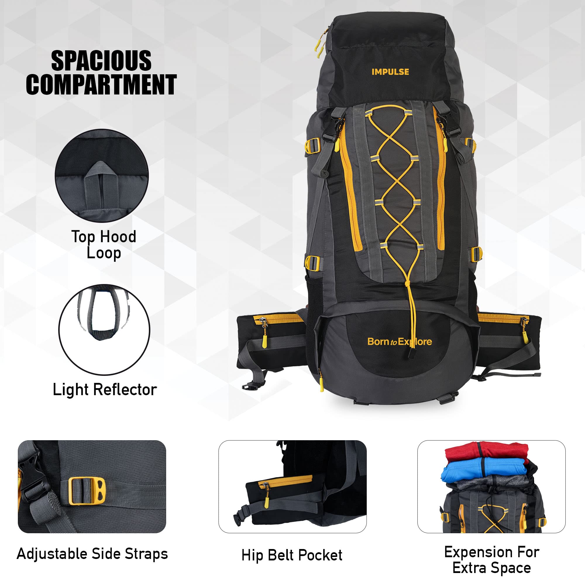Impulse Loops 6 Compartment Rucksack Bags 75 Litres Travel Bag For Men Tourist Bag For Travel Backpack For Hiking Trekking Bag For Men Camping With 1 Year Warranty(Black)