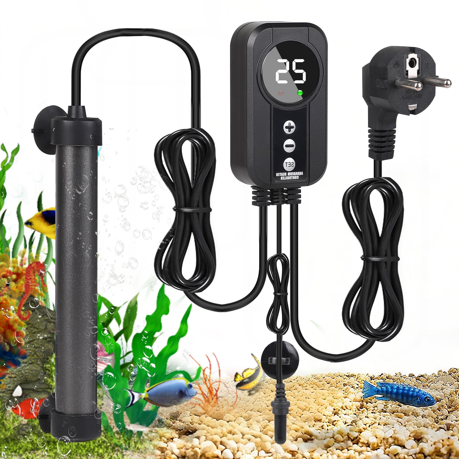 EXLECO Riscaldatore Acquario da 100 W Tubolare in Titanio con Controller a LED e Sensore di Temperatura, Riscaldatore per Acquario Pesce con Temperatura Regolabile, Adatto per Pesci Mini 30-50 Litri