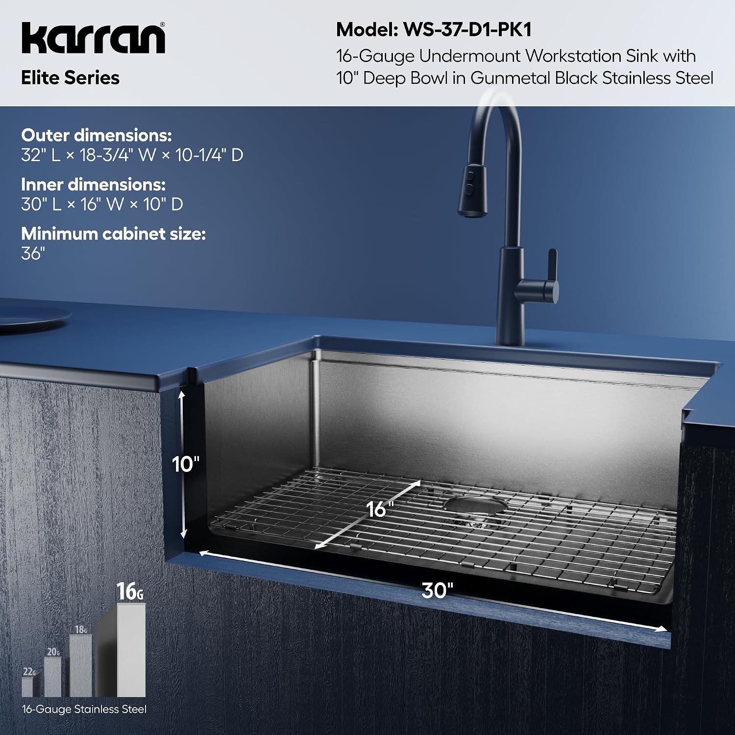 Karran Elite 32 Inch Gunmetal Black Workstation Kitchen Sink, 16 Gauge Nano PVD Stainless Steel Undermount Sink, Deep Single Bowl with Grid, Cutting Board, Drying Mat & Strainer