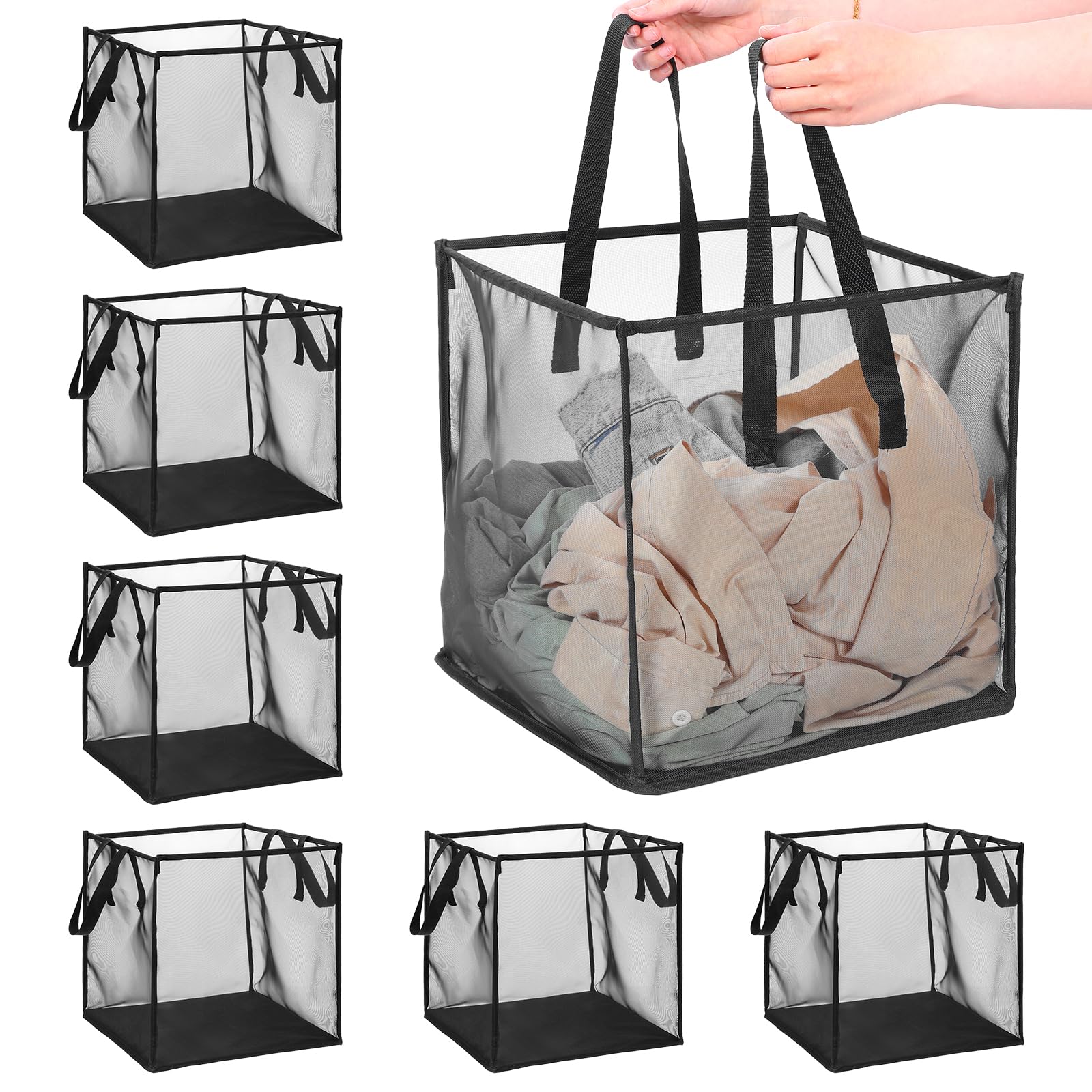 6 Pack Popup Laundry Hamper Collapsible Mesh Laundry Baskets with Handles, Portable Dirty Clothes Baskets Single Layer Foldable Clothes Hamper for Washing Storage, Dorm and Travel Use (Black,13 Inch)