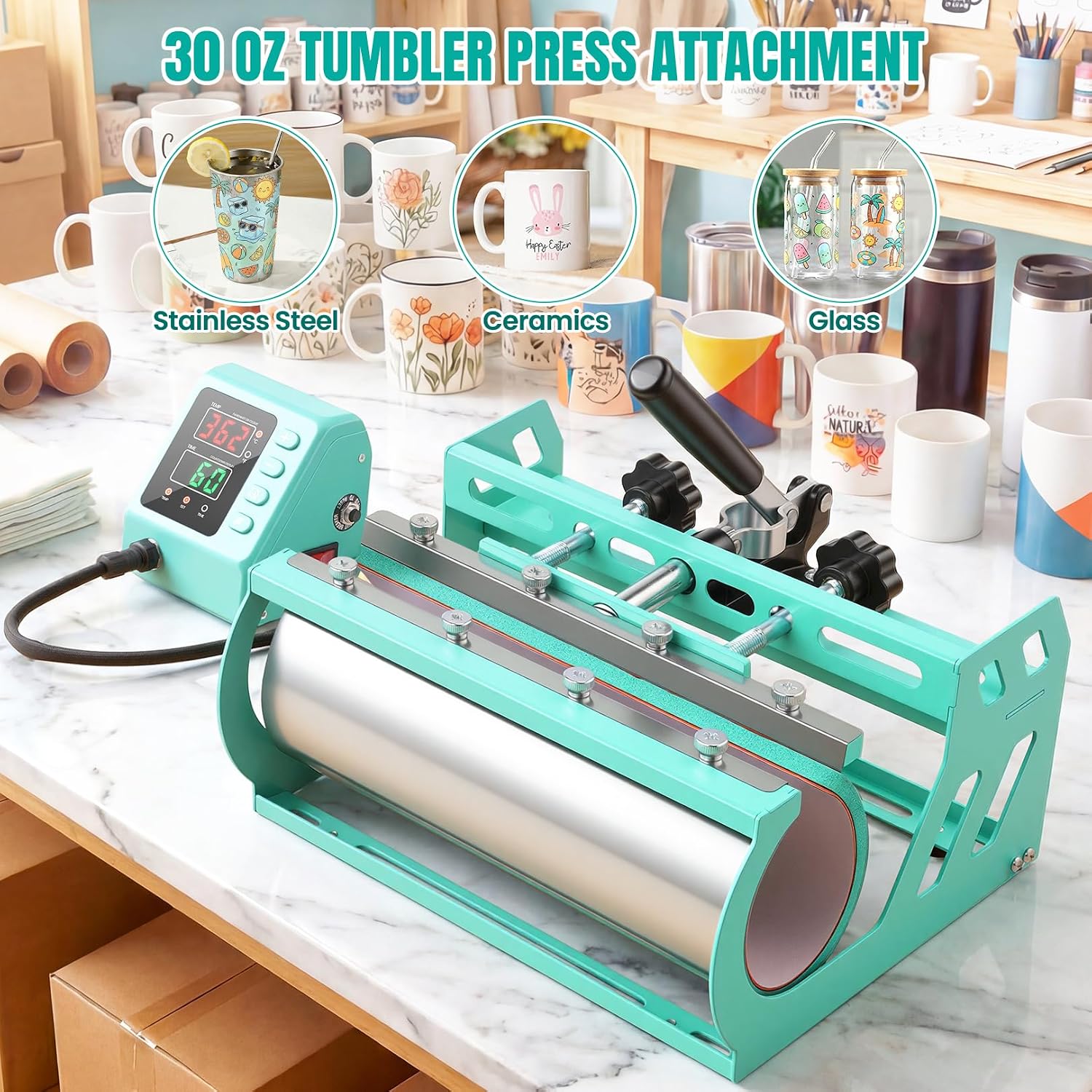 WHUBEFY Heat Press Machine,5 in 1 Comb 15x15 Inch Slide Out Inch Heat Press & 30 OZ Tumbler Press,360° Digital Vinyl Printing Machine Tshirt Press Sublimation Machine for T-Shirts,Cap,Mug,Plate,DIY
