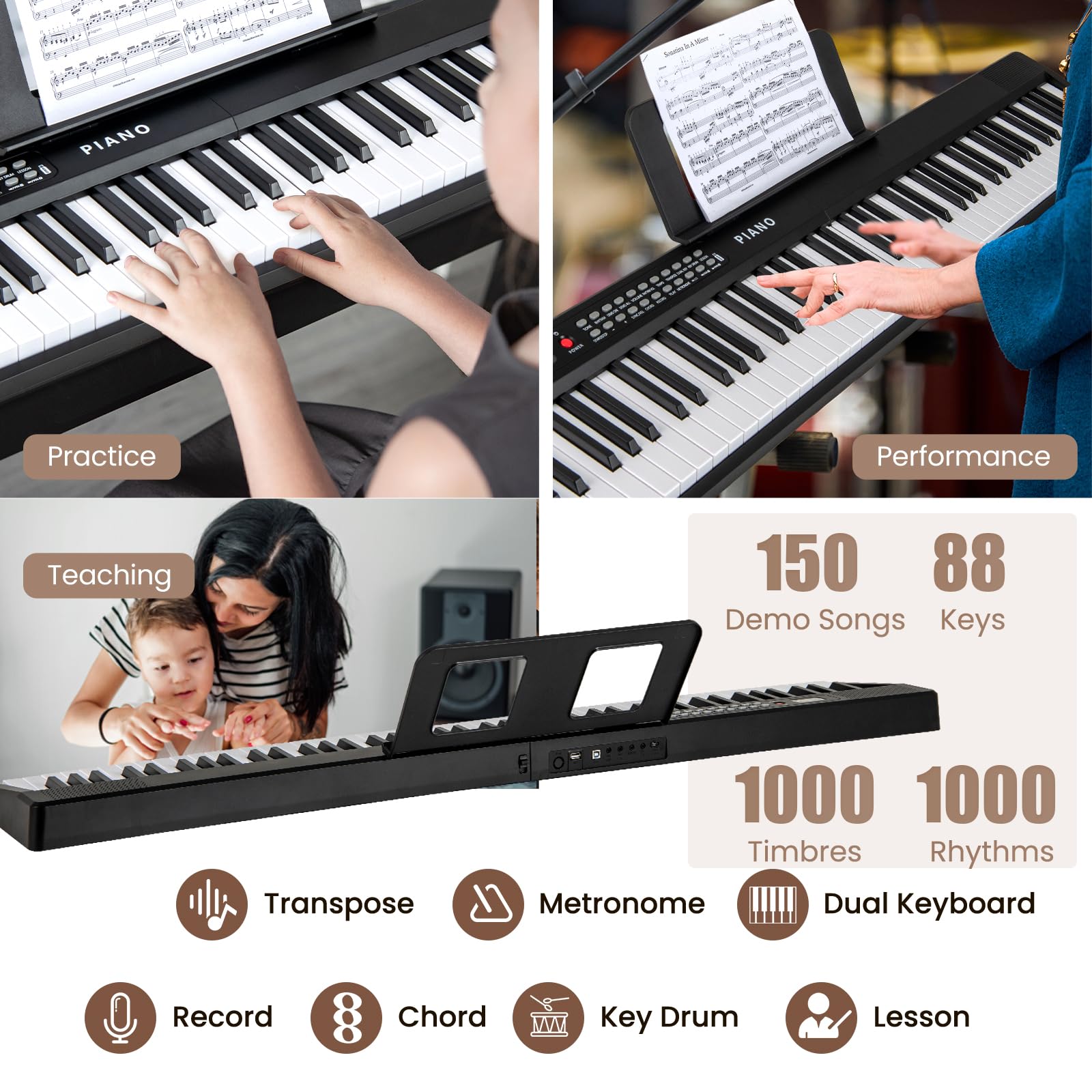 KOMFOTTEU Pianino cyfrowe 88 klawiszy, MIDI bezprzewodowe, podwójne głośniki, pianina elektroniczne, klawiatura semi-ważona, 1000 brzmień i rytmów, składane pianino cyfrowe z torbą transportową (Biały