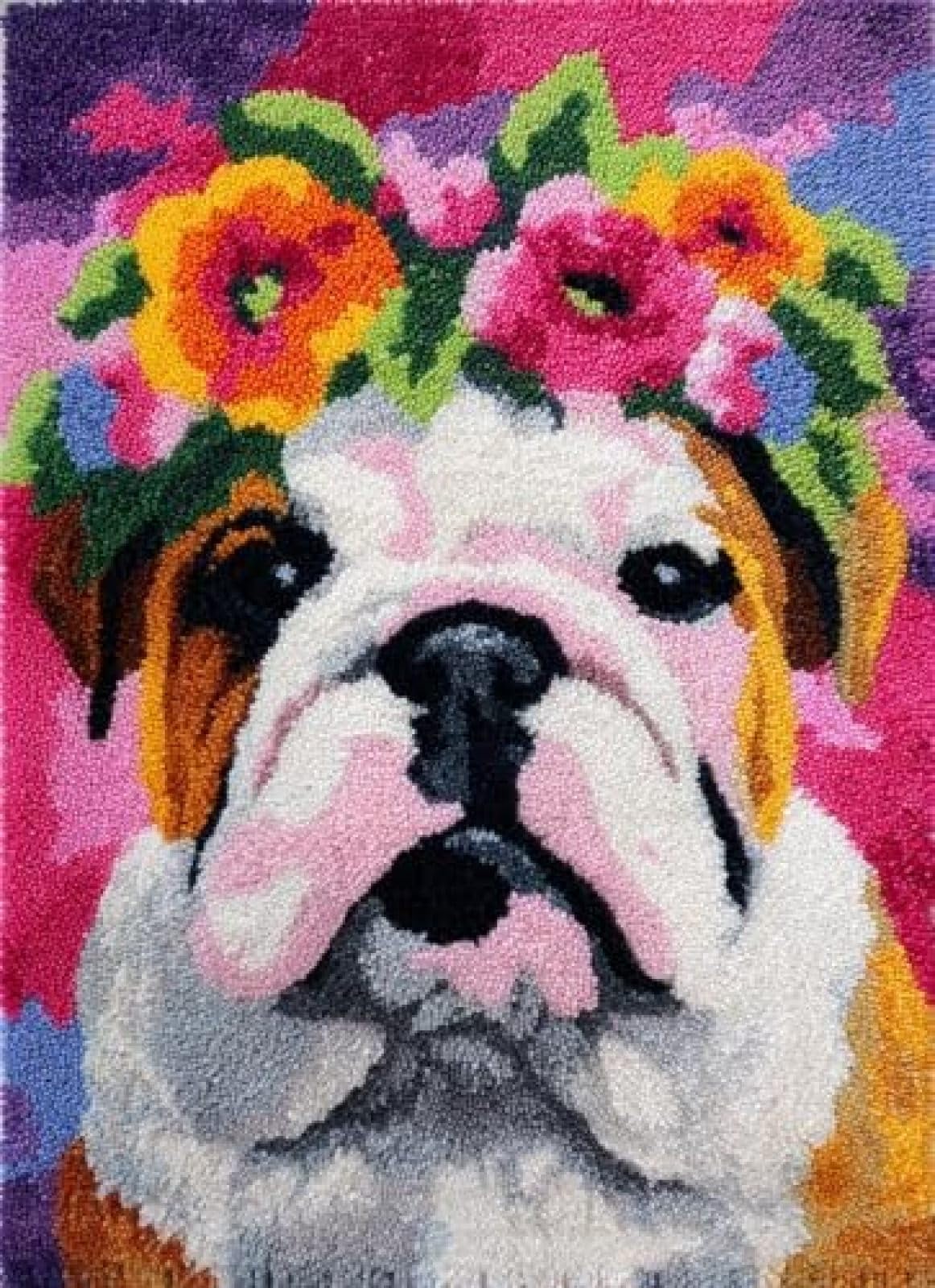 XDEGHUANGSS Latch Hook Rug Kit English Bulldog Dog Puppy Wear Flower Wreath with Pre-Printed Mat Cover DIY Cushion Crochet Yarn Hooking Craft Set for Floor Decor 38x52cm-2