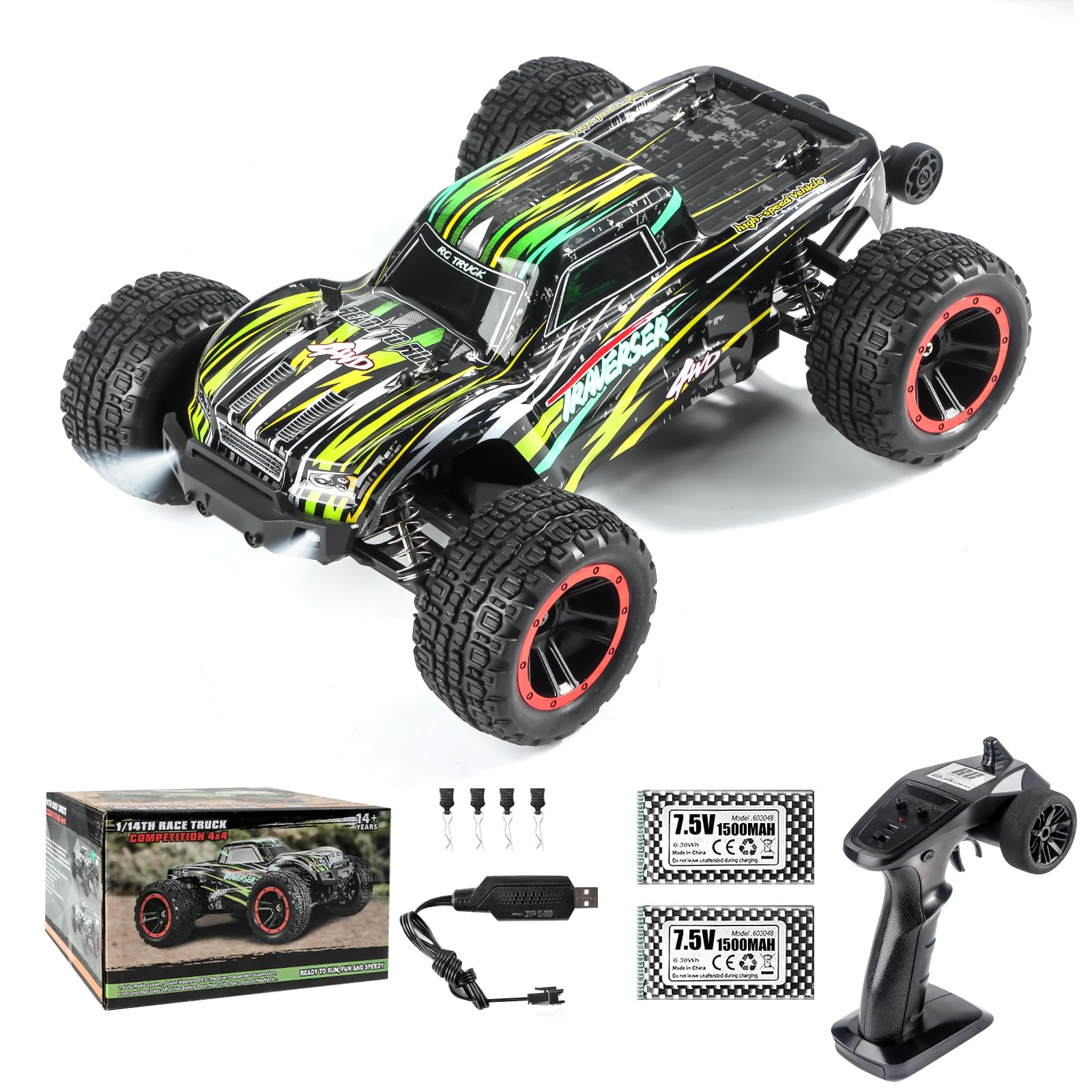 Double Delight Remote Control Car, 1:14 Scale RC Truck 38+ KM/H Speed, 2.4G All-Terrain Off-Road Truck Toy Gifts for Boys and Adults with 2 Rechargeable Batteries Provide 40+ Min Playtime (Green)