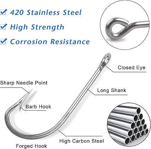 Miniatura 2 de O'shaughnessy - Juego de anzuelos de pesca de agua salada, 110 ganchos de pesca de acero inoxidable de caña larga forjados en J para agua dulce y