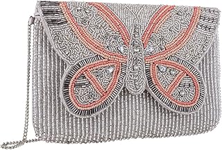 Borsetta da donna in tessuto beige con chiusura a scatto a farfalla in perle rosa, grigio e beige con strass (726-761)