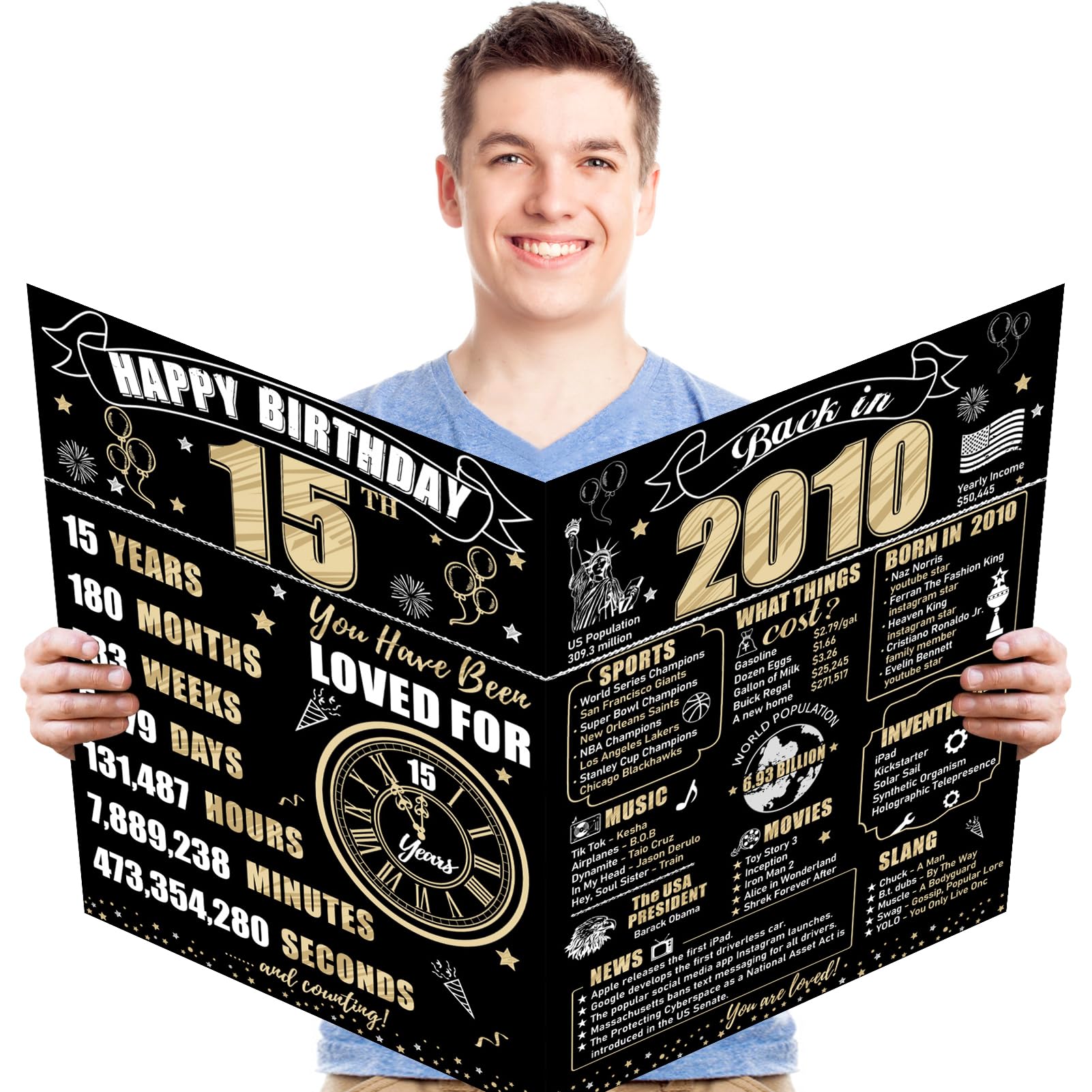 Large 15th Birthday Card With Envelope for Boys Girls, 2010 Black Gold Happy 15th Birthday Giant Guest Signature Book Gifts, Big Vintage 2010 15 Greeting Card Decoration Party Supplies