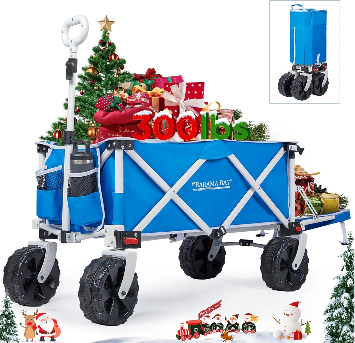 49 Inch Extended Extra Long Beach Wagon with Big Wheels for Sand, Collapsible Utility Beach Cart Heavy Duty Folding Wagon,Ideal for Outdoor Sand Camping Garden Pet