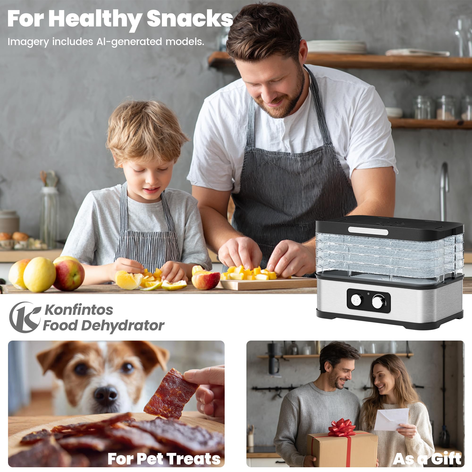 Suszarka ze stali nierdzewnej, 250 W, z 5 regulowanymi tacami i pokrętłem, 35-70°C, do Jerky, Biltong, owoców, warzyw, przekąsek dla psów, nadaje się do mycia w zmywarce, nie zawiera BPA